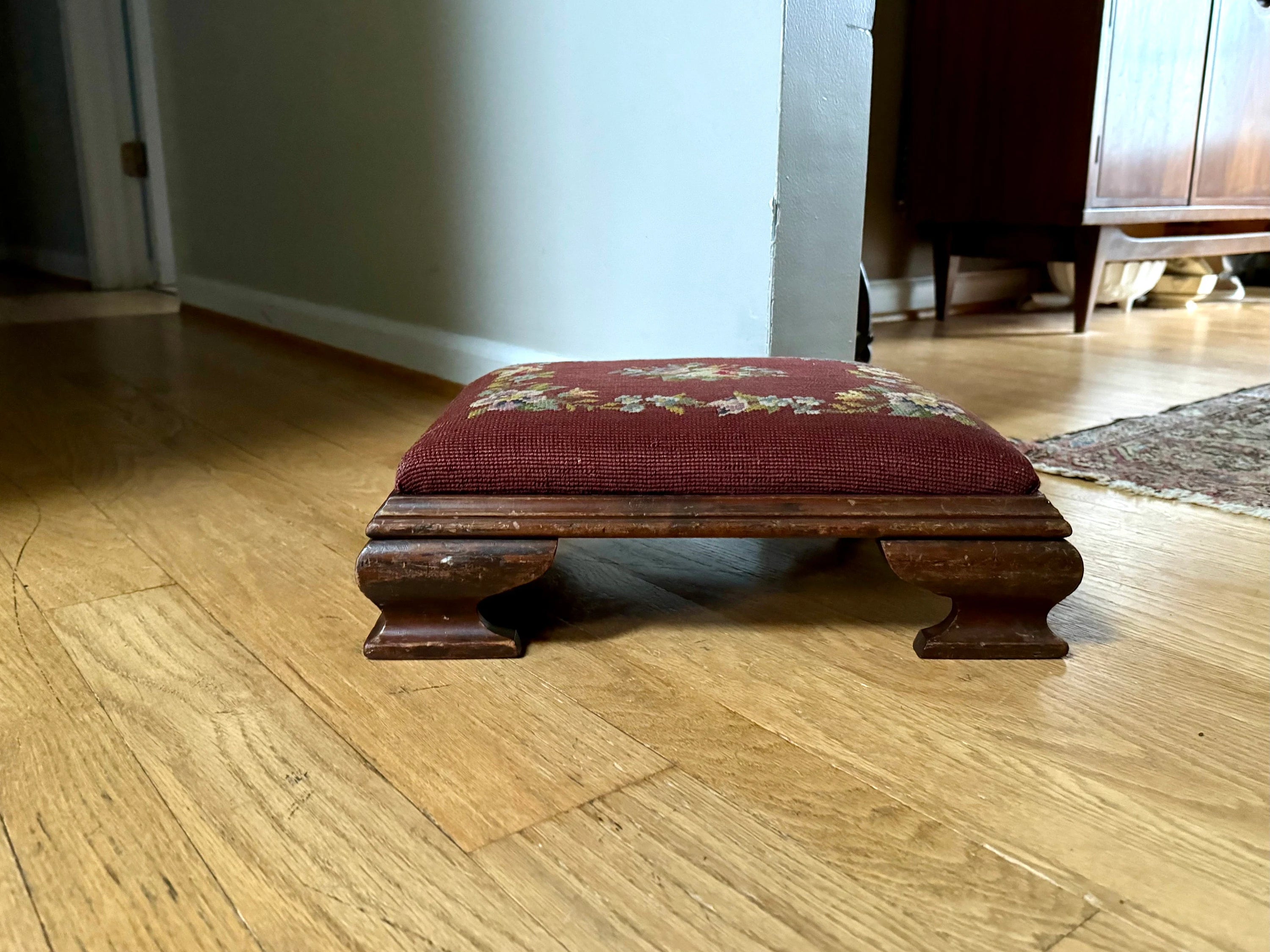 Farmhouse Decor | Distressed Needlepoint Ottoman