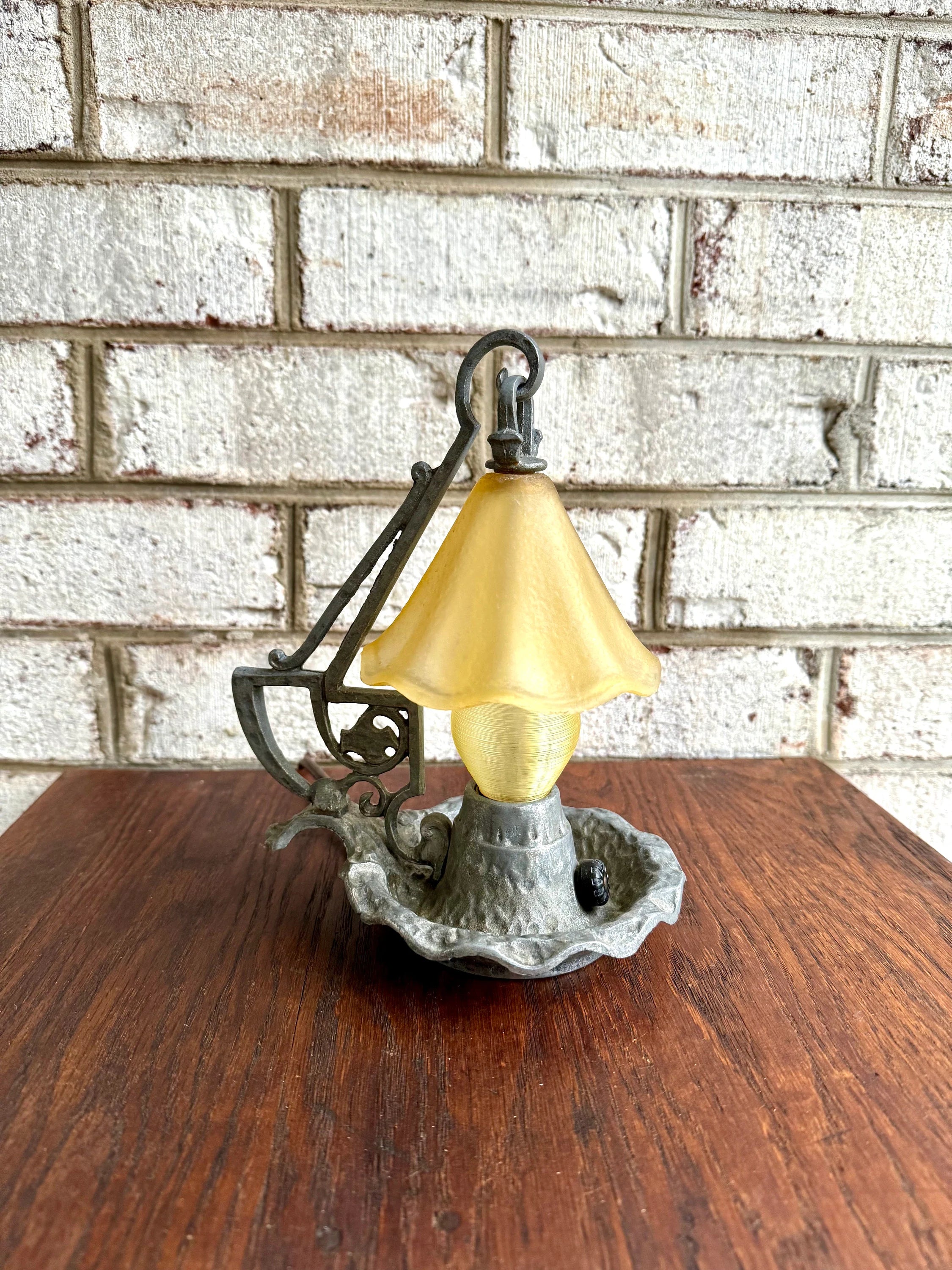 Small Fairytale Desk Lamp | Vintage Glass Shade Small Craftsman Lamp | Arts and Crafts Style Antique Lamp | Aluminum Night Light