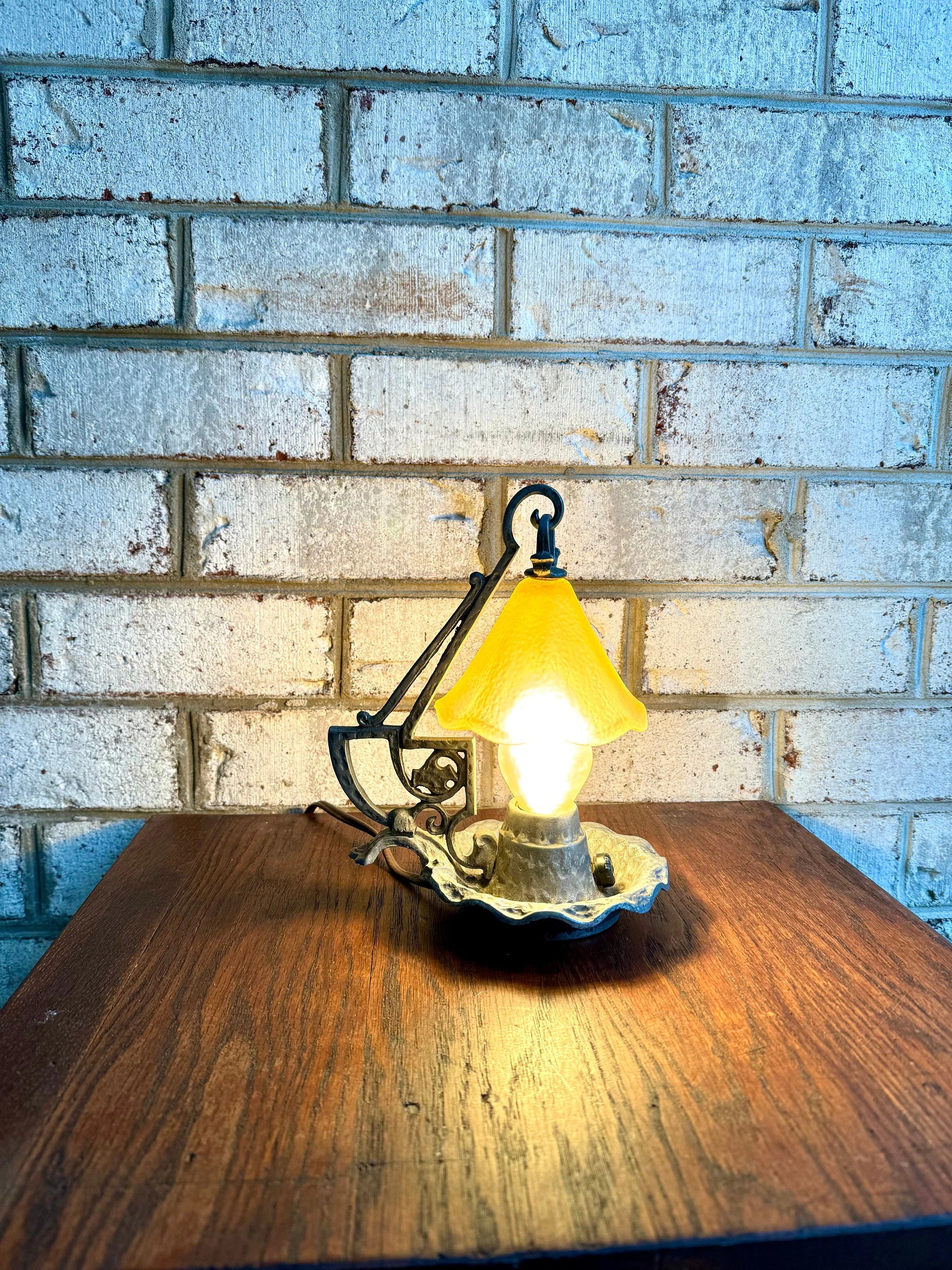 Small Fairytale Desk Lamp | Vintage Glass Shade Small Craftsman Lamp | Arts and Crafts Style Antique Lamp | Aluminum Night Light