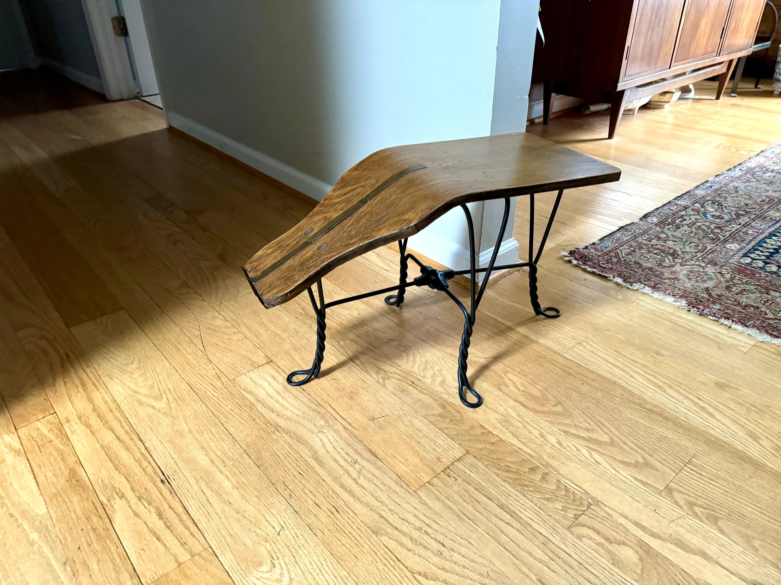 Antique Oak and Wrought Iron Gobbler's Bench | Bentwood Gobblers Shine Sizing Stool | Wood Shoe Shining Bench | Shoe Sizing Bench