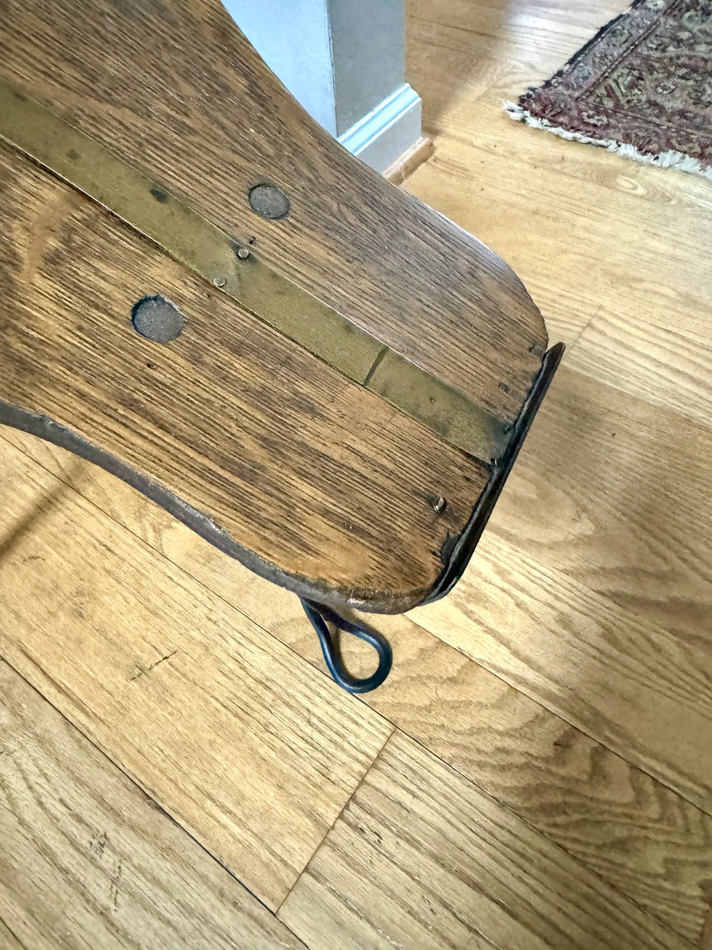 Antique Oak and Wrought Iron Gobbler's Bench | Bentwood Gobblers Shine Sizing Stool | Wood Shoe Shining Bench | Shoe Sizing Bench