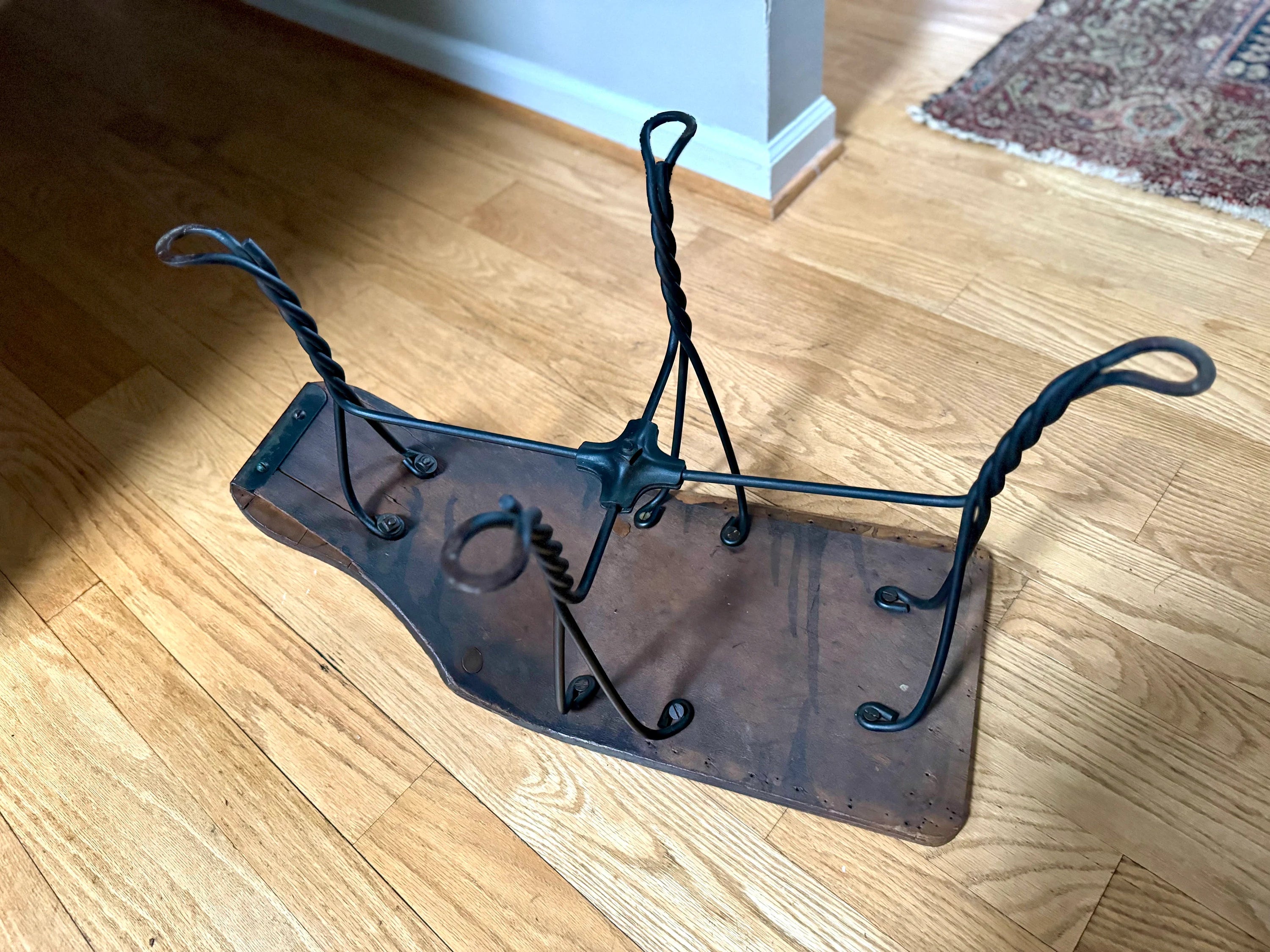 Antique Oak and Wrought Iron Gobbler's Bench | Bentwood Gobblers Shine Sizing Stool | Wood Shoe Shining Bench | Shoe Sizing Bench