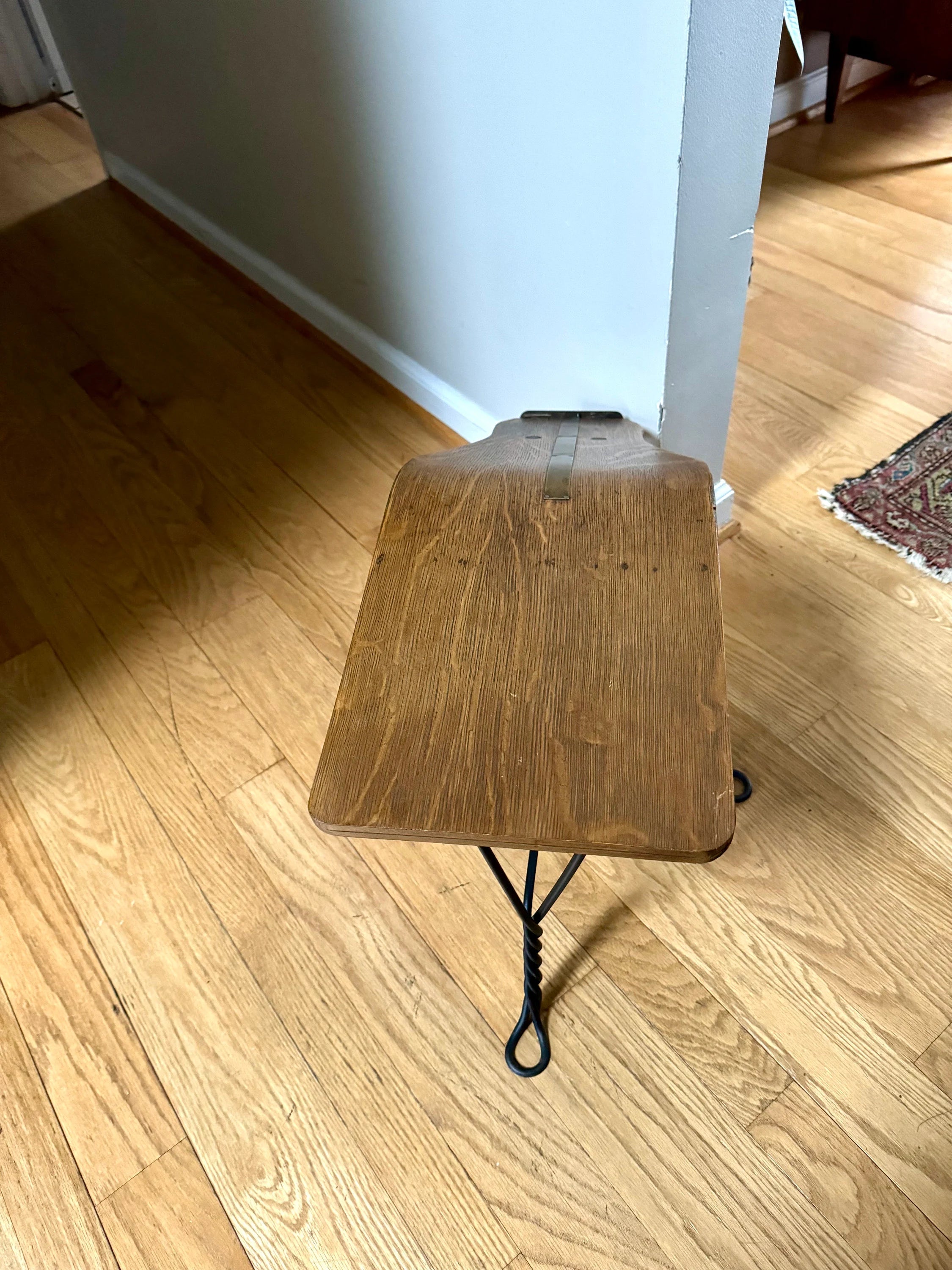 Antique Oak and Wrought Iron Gobbler's Bench | Bentwood Gobblers Shine Sizing Stool | Wood Shoe Shining Bench | Shoe Sizing Bench