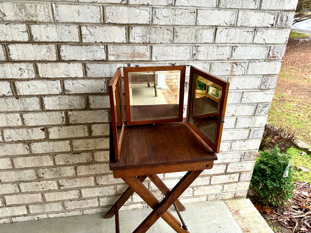 Antique English Victorian Trifold Vanity Mirror | Trifold Vanity Mirror | Wood Table Top or Hanging Triple Beveled Mirror | Traveling Mirror