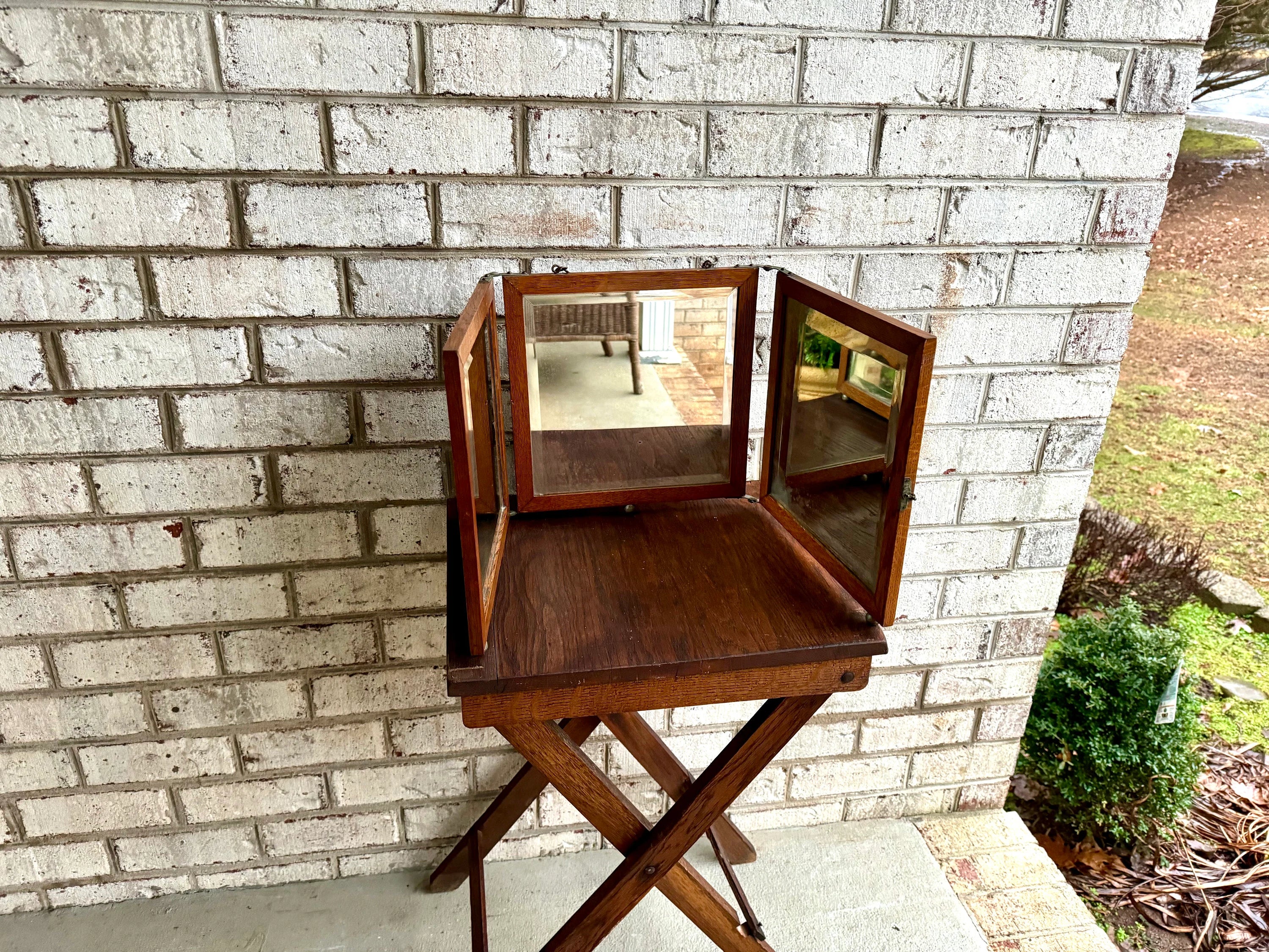 Antique English Victorian Trifold Vanity Mirror | Trifold Vanity Mirror | Wood Table Top or Hanging Triple Beveled Mirror | Traveling Mirror