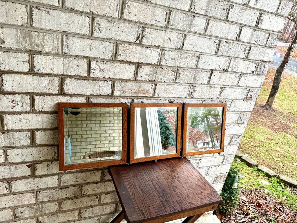 Antique English Victorian Trifold Vanity Mirror | Trifold Vanity Mirror | Wood Table Top or Hanging Triple Beveled Mirror | Traveling Mirror