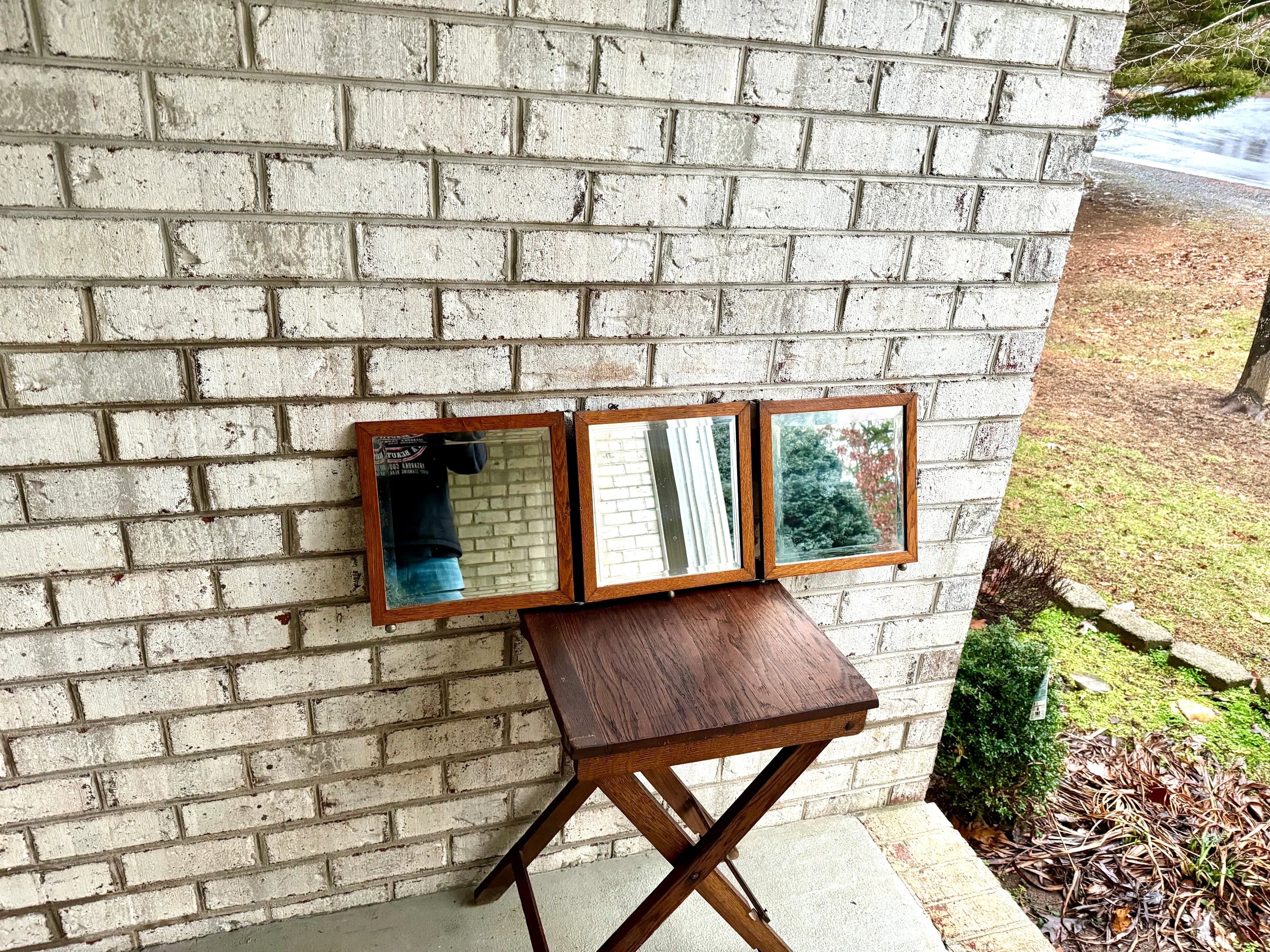 Antique English Victorian Trifold Vanity Mirror | Trifold Vanity Mirror | Wood Table Top or Hanging Triple Beveled Mirror | Traveling Mirror