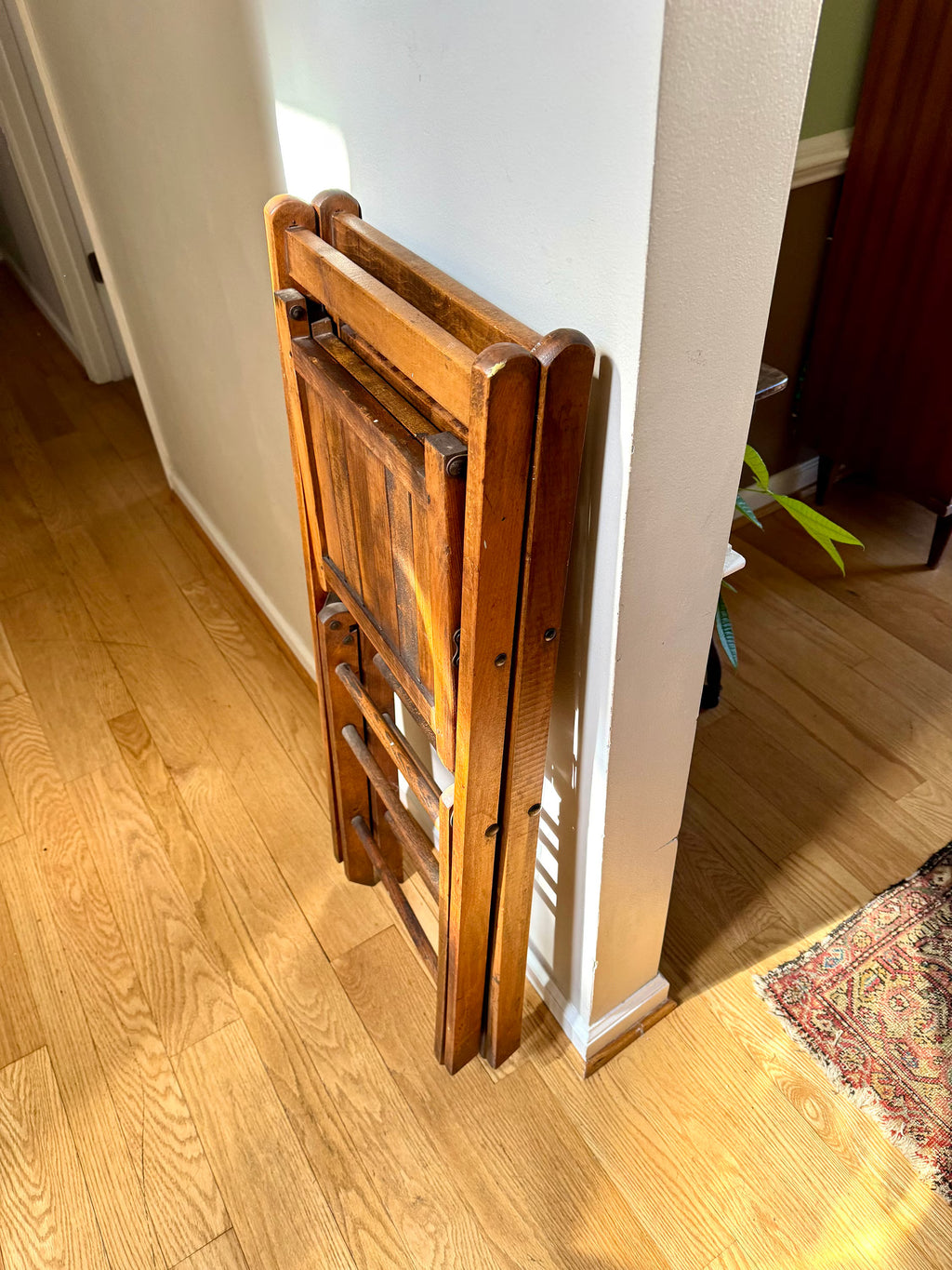 Early 20th Century Wood Folding Chairs | Solid Hardwood Folding Chairs | Unique Early Folding Chairs | Pair of Unique Folding Slat Chairs