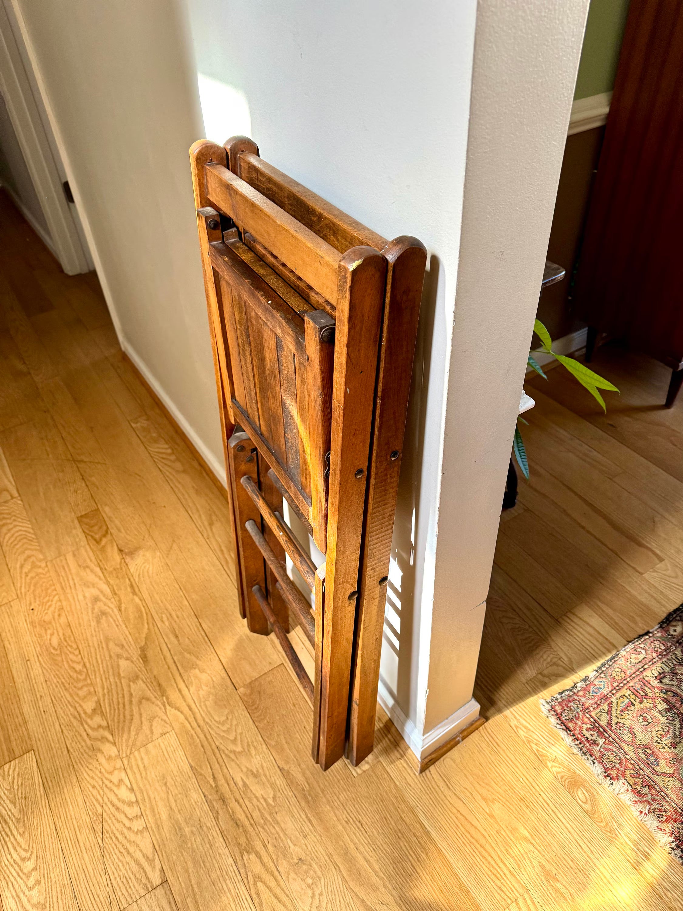 Early 20th Century Wood Folding Chairs | Solid Hardwood Folding Chairs | Unique Early Folding Chairs | Pair of Unique Folding Slat Chairs