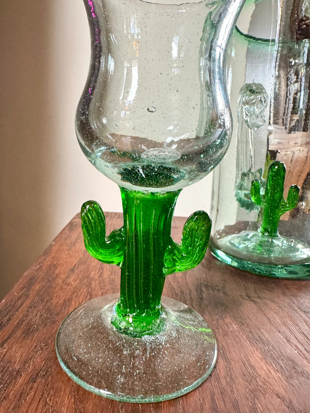 Mexican Glass Margarita Pitcher and Glasses | Hand Blown Saguaro Cactus Cocktail Set | 2 Hand Blown Southwest Glasses and Pitcher