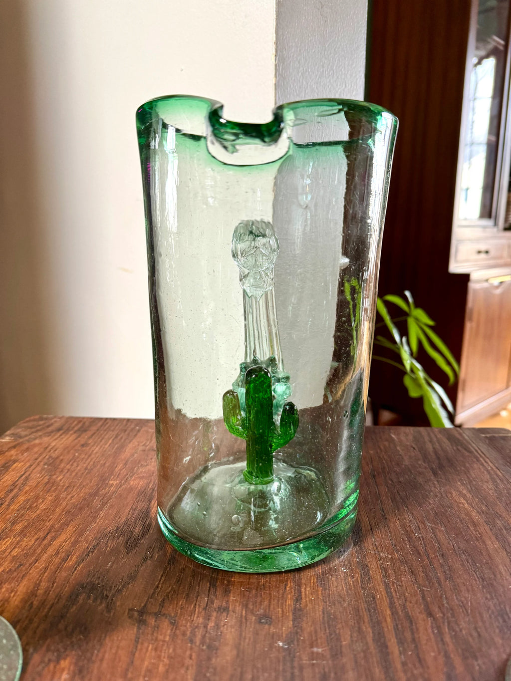 Mexican Glass Margarita Pitcher and Glasses | Hand Blown Saguaro Cactus Cocktail Set | 2 Hand Blown Southwest Glasses and Pitcher