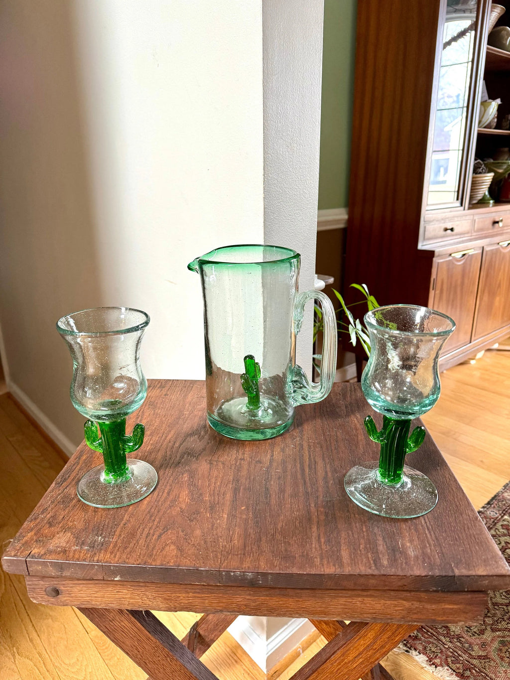 Mexican Glass Margarita Pitcher and Glasses | Hand Blown Saguaro Cactus Cocktail Set | 2 Hand Blown Southwest Glasses and Pitcher