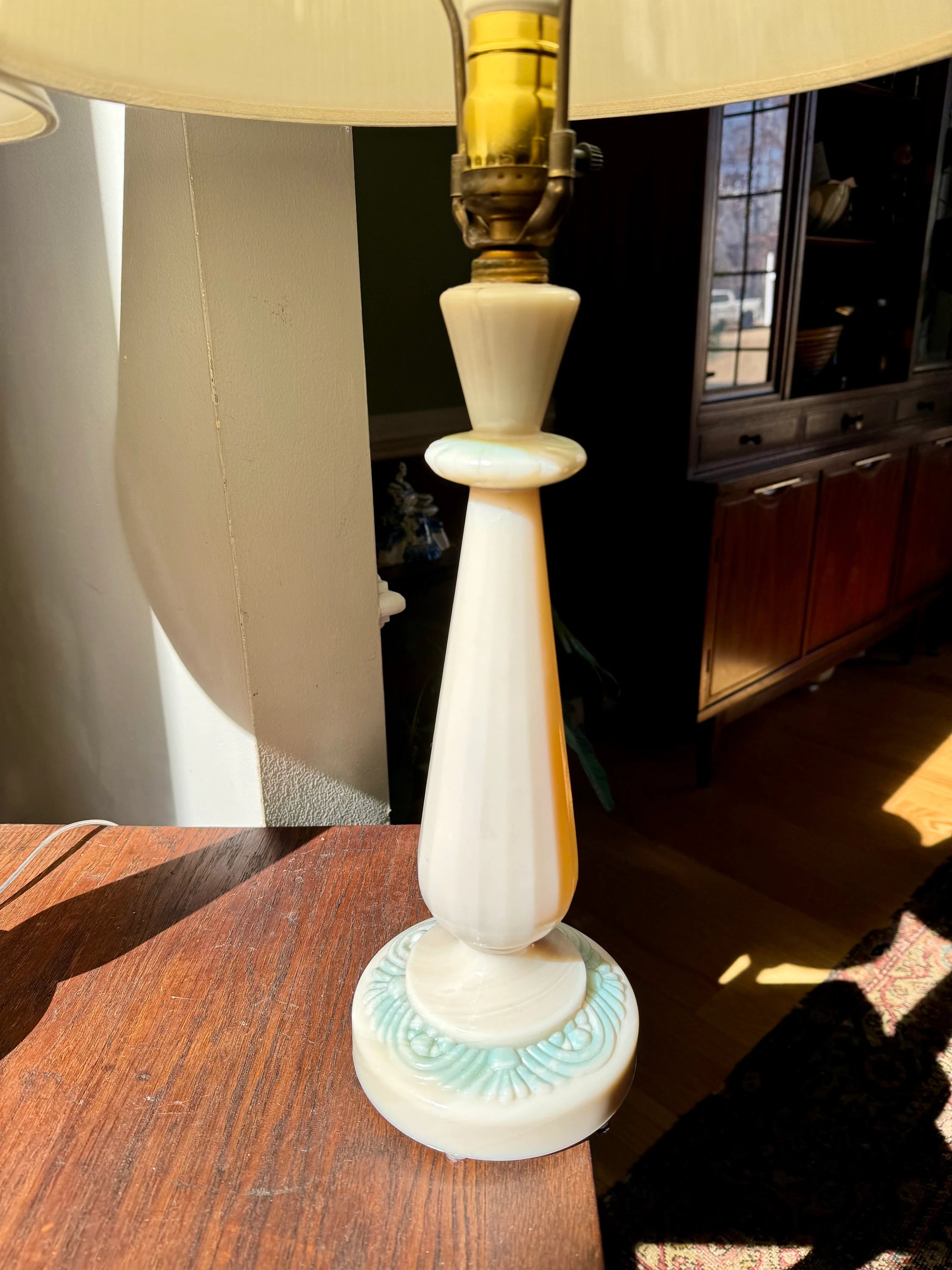 Vintage Pair of Aladdin Alacite Lamps | Ivory Alacite Matching Lamps | Art Deco Alacite Lamps | Ivory and Green Table Lamps | Shades Not Inc