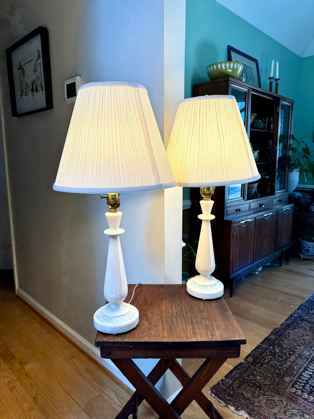 Vintage Pair of Aladdin Alacite Lamps | Ivory Alacite Matching Lamps | Art Deco Alacite Lamps | Ivory and Green Table Lamps | Shades Not Inc