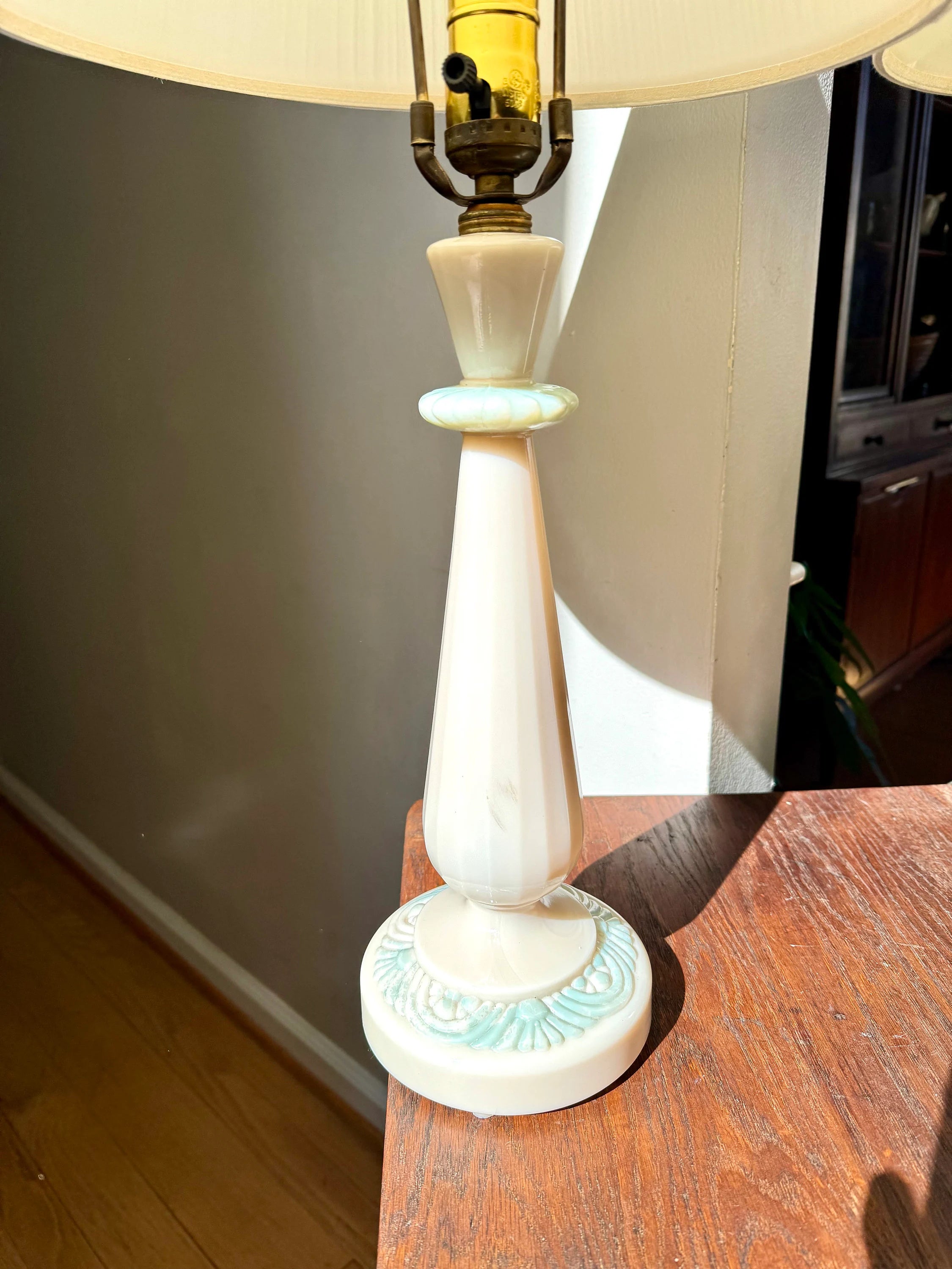 Vintage Pair of Aladdin Alacite Lamps | Ivory Alacite Matching Lamps | Art Deco Alacite Lamps | Ivory and Green Table Lamps | Shades Not Inc