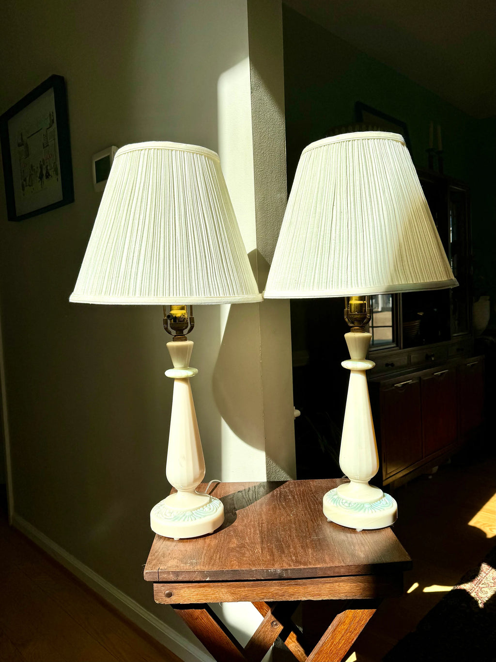 Vintage Pair of Aladdin Alacite Lamps | Ivory Alacite Matching Lamps | Art Deco Alacite Lamps | Ivory and Green Table Lamps | Shades Not Inc