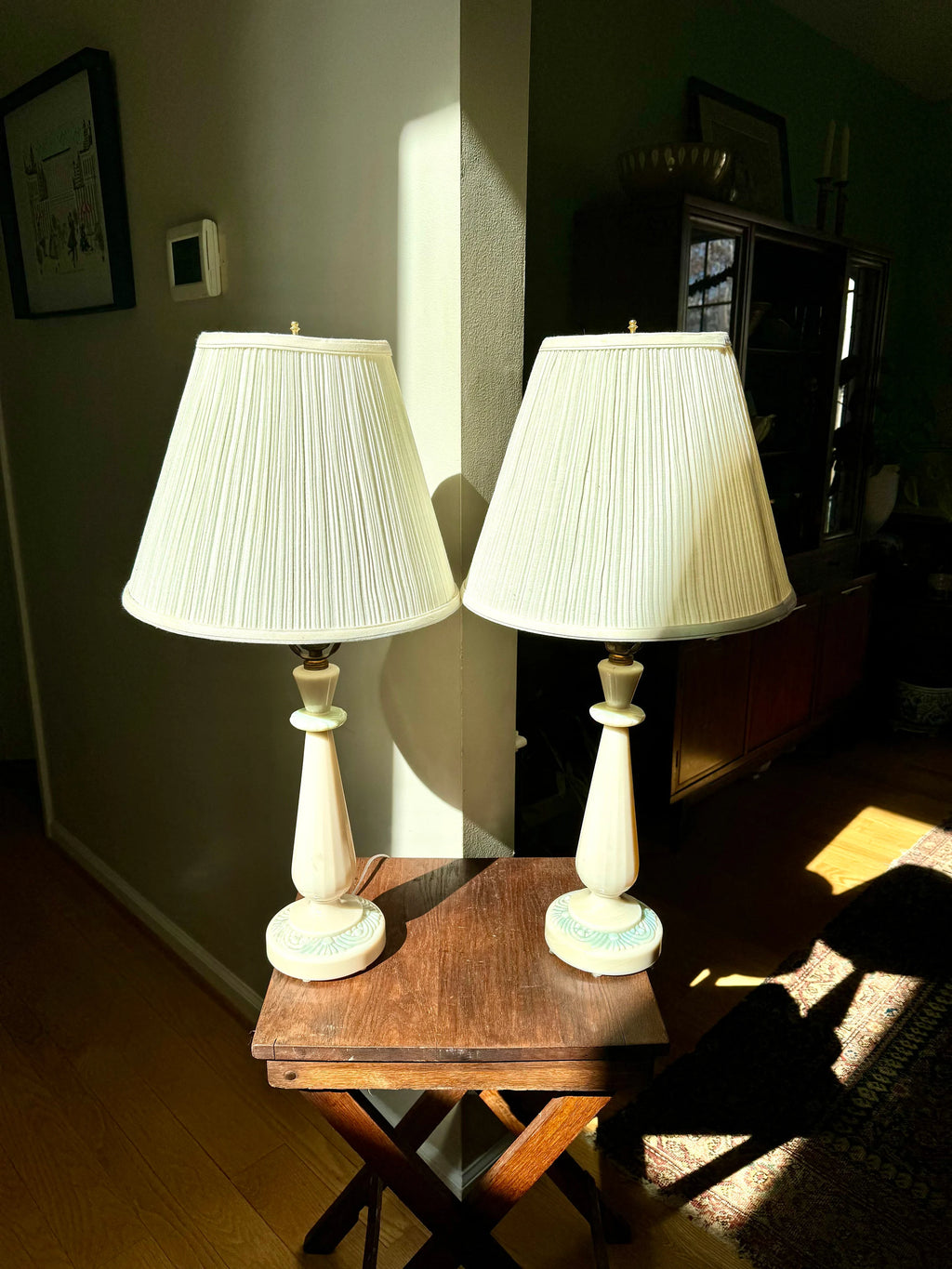 Vintage Pair of Aladdin Alacite Lamps | Ivory Alacite Matching Lamps | Art Deco Alacite Lamps | Ivory and Green Table Lamps | Shades Not Inc