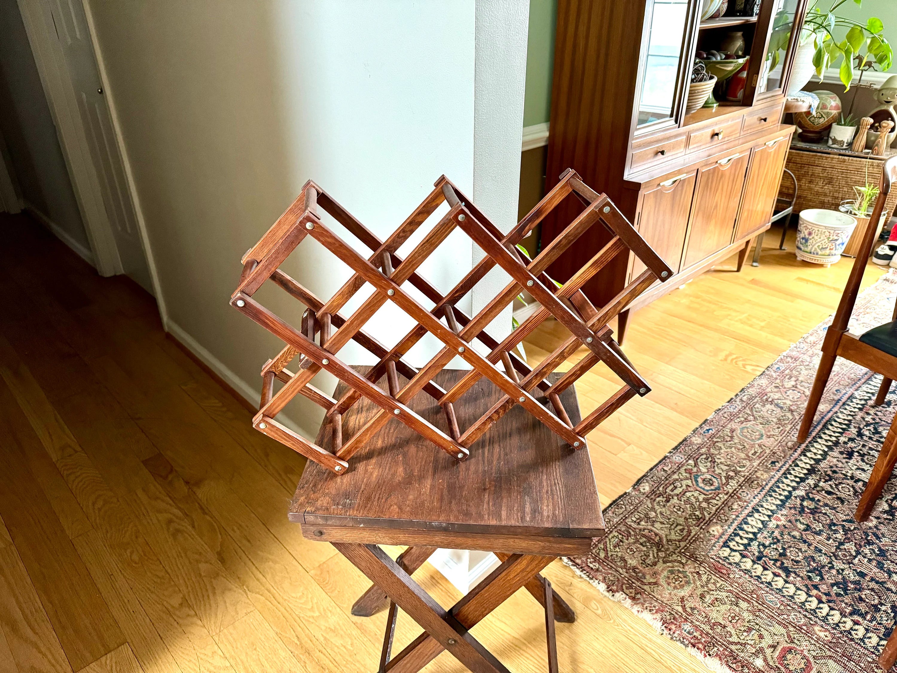 Vtg Wooden Accordion Wine Rack | Wood Wine Bottle Holder | Collapsible Wine Rack | Bohemian Wine Decor | Country Home Wine Bottle Holder