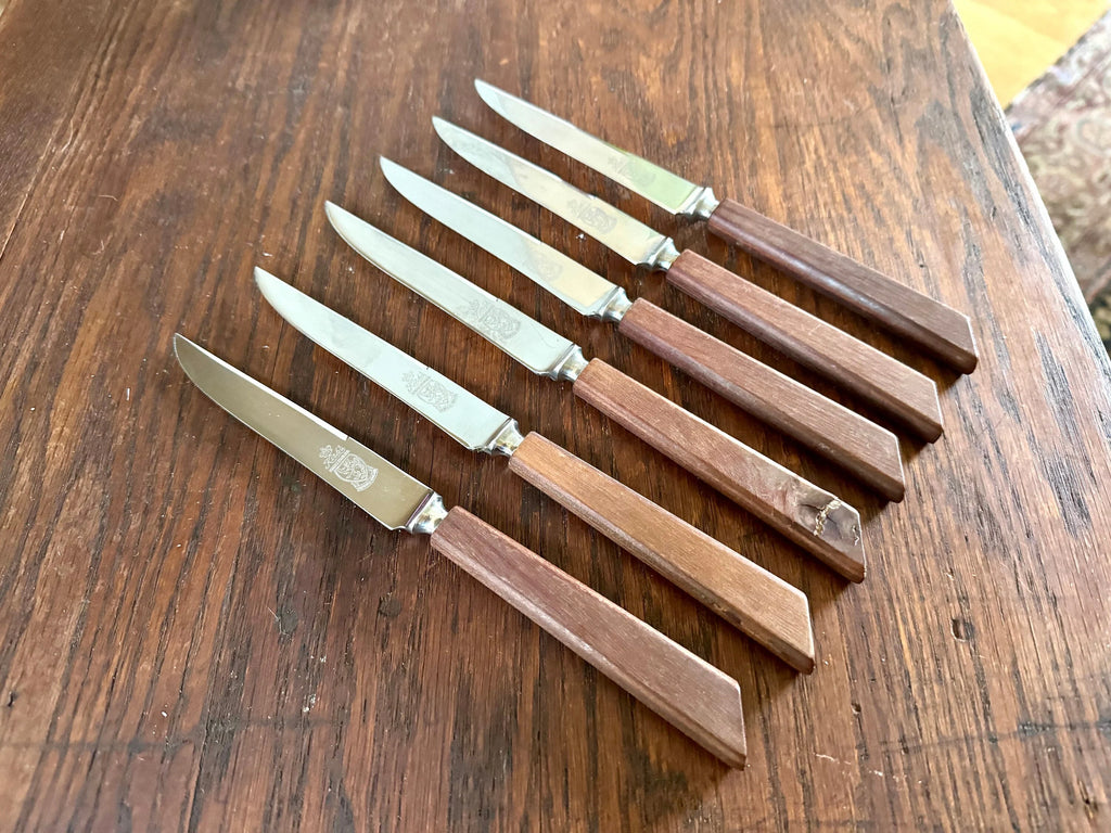 Set of 6 Kirk's Forged Stainless Steel Steak Knifes| Vintage F A Kirk Steak Knives| Made in England Steak Knife Set | Wood Handle Sheffield