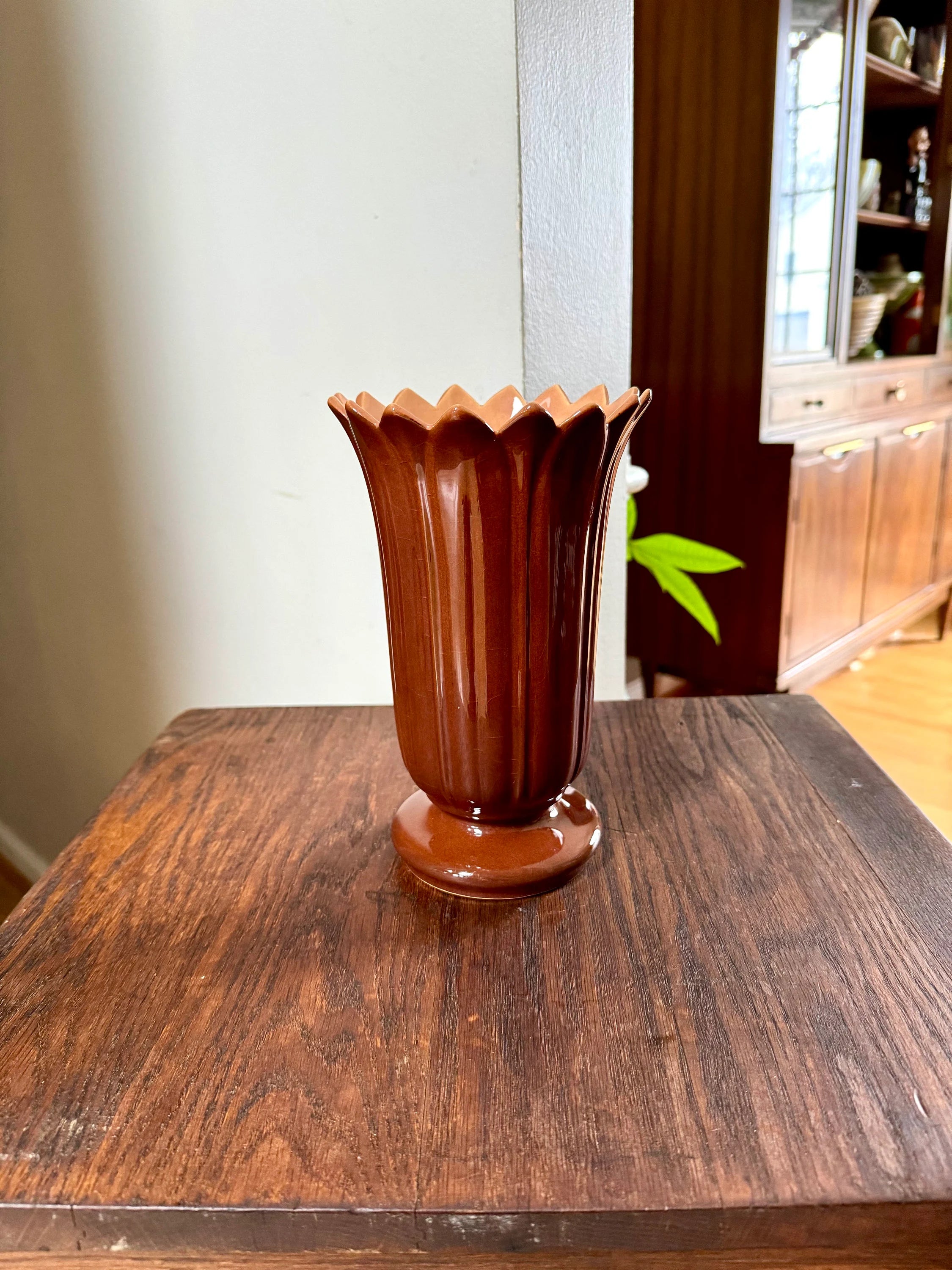 Vtg Roseville Mayfair 1003-8 Vase | Brown Saw Tooth Roseville Vase | Brown Glazed Saw Tooth Vase | Roseville Pottery Flower Vase