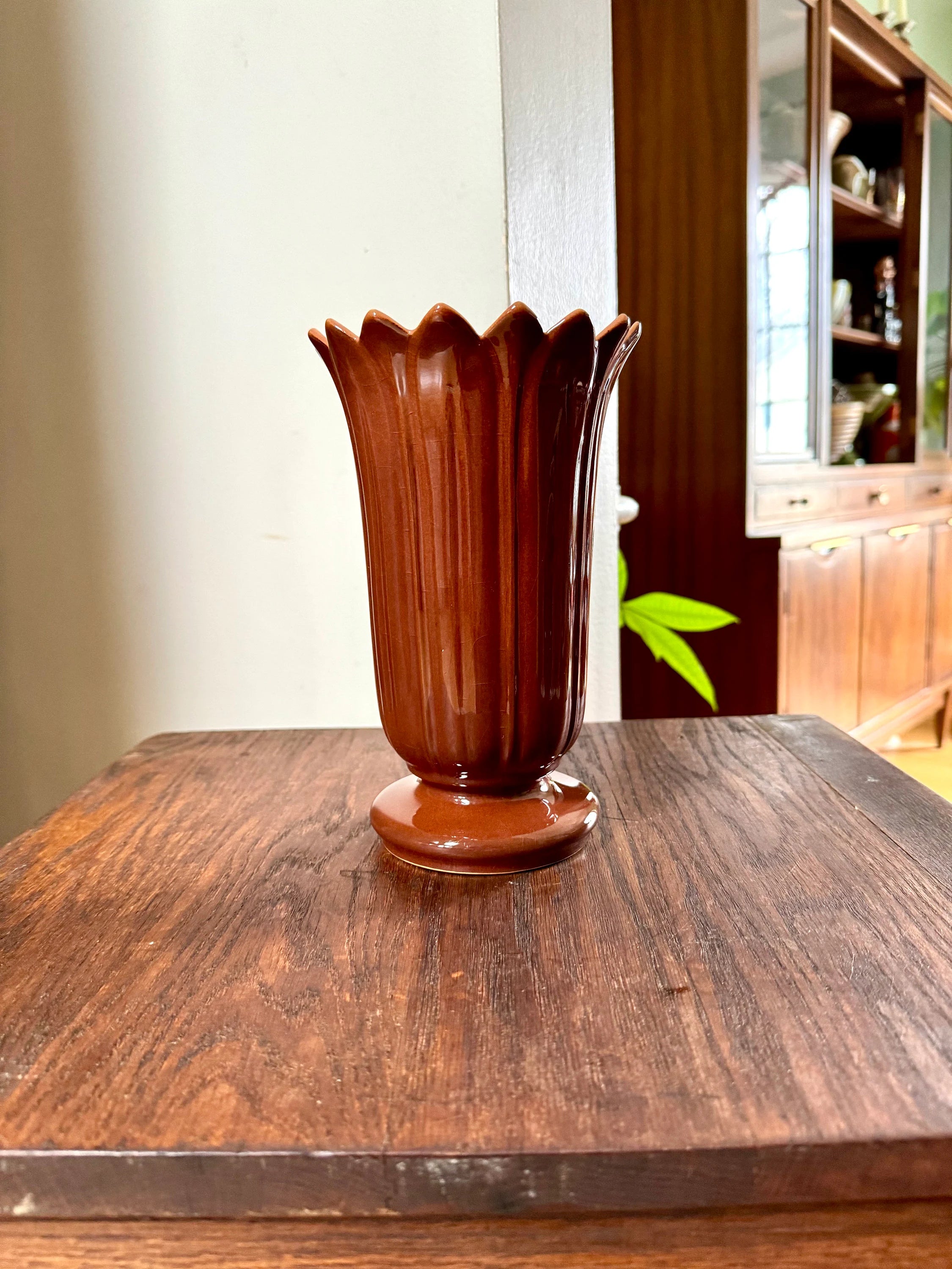 Vtg Roseville Mayfair 1003-8 Vase | Brown Saw Tooth Roseville Vase | Brown Glazed Saw Tooth Vase | Roseville Pottery Flower Vase