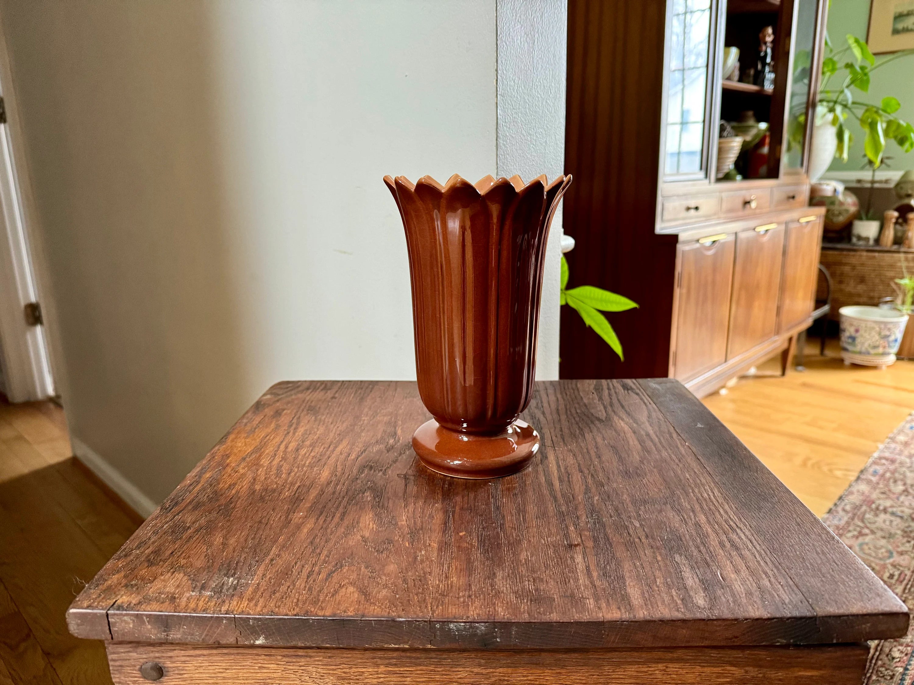 Vtg Roseville Mayfair 1003-8 Vase | Brown Saw Tooth Roseville Vase | Brown Glazed Saw Tooth Vase | Roseville Pottery Flower Vase