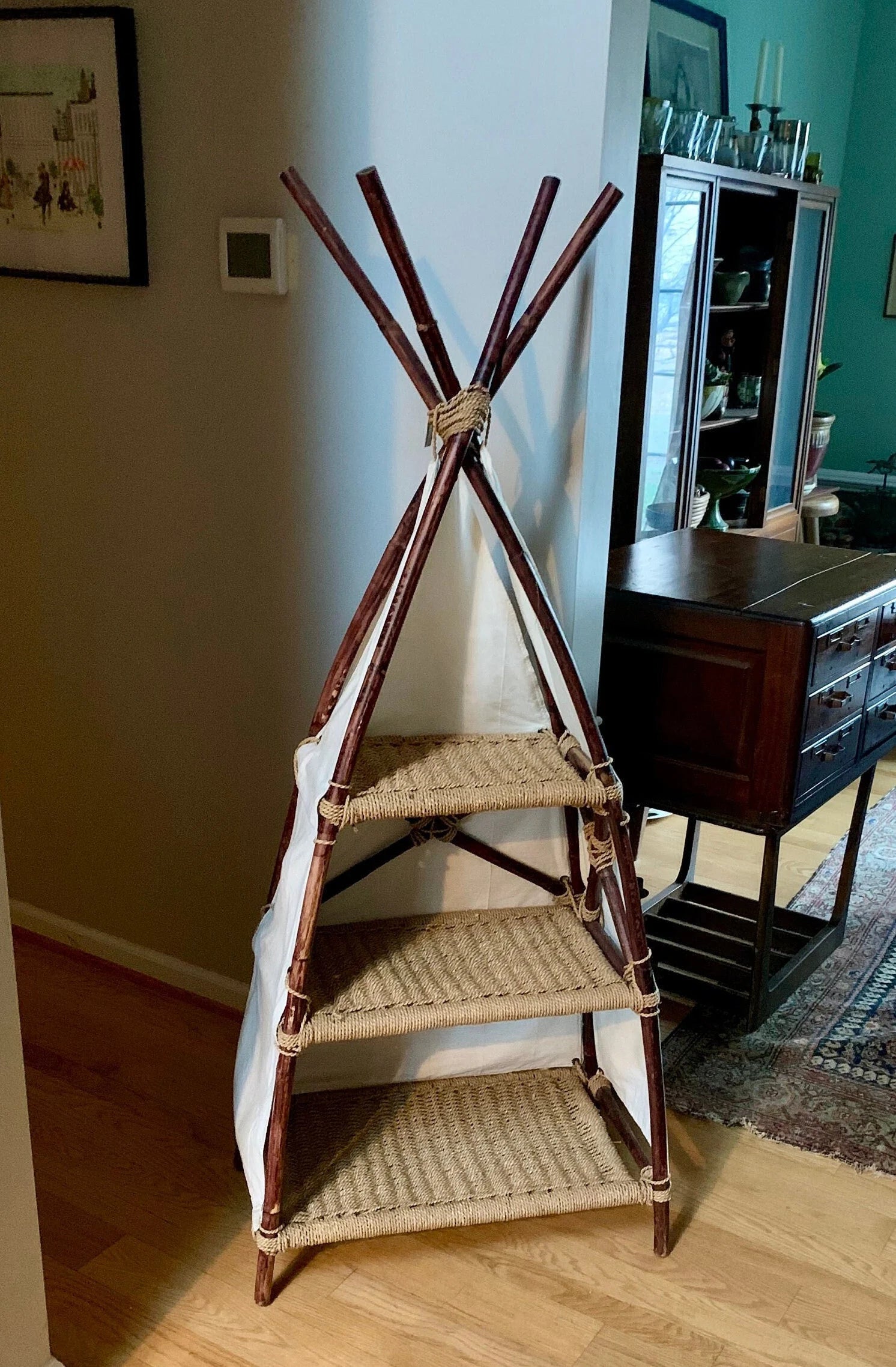 Canvas and Bamboo Bookshelves | Teepee Book Shelf | Bohemian Decor Reading Nook Bookshelf | Whimsical Tee Pee Shelf | Teepee Shelf