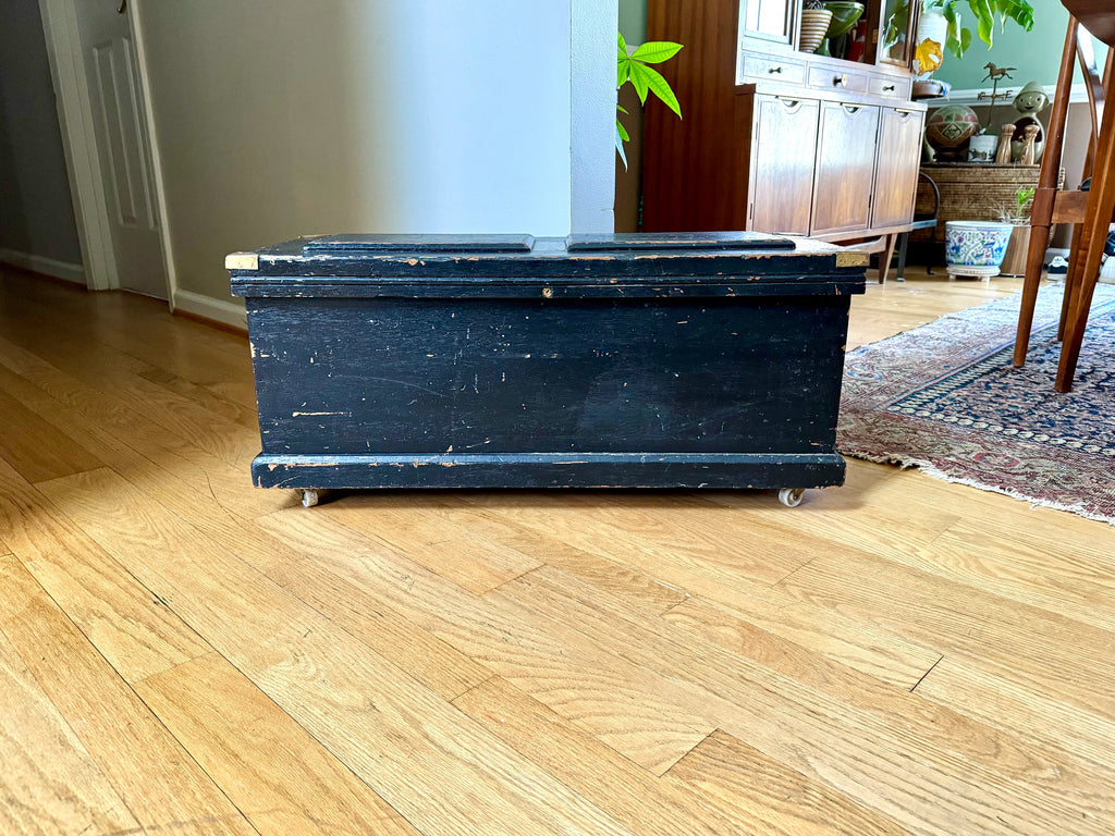 Early Wood Carpenter's Tool Chest | Distressed Rolling Wood Tool Trunk | Vintage Rustic Black Wood Box | Rustic Coffee Table | Rustic Storage