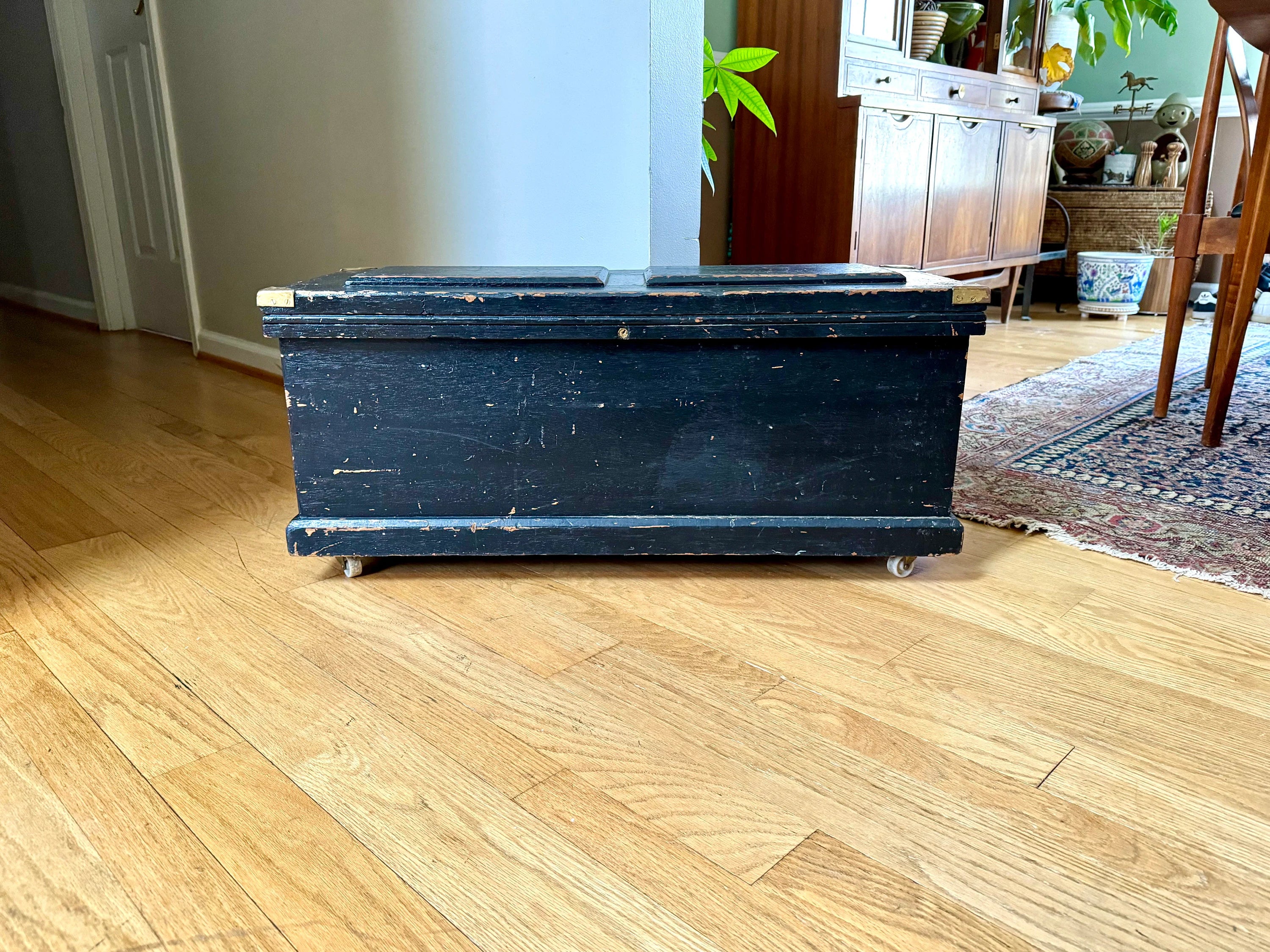 Early Wood Carpenter's Tool Chest | Distressed Rolling Wood Tool Trunk | Vintage Rustic Black Wood Box | Rustic Coffee Table | Rustic Storage