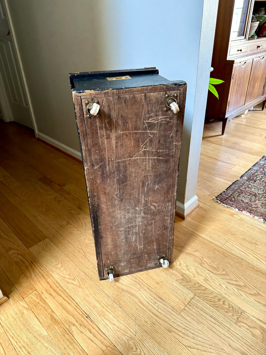 Early Wood Carpenter's Tool Chest | Distressed Rolling Wood Tool Trunk | Vintage Rustic Black Wood Box | Rustic Coffee Table | Rustic Storage