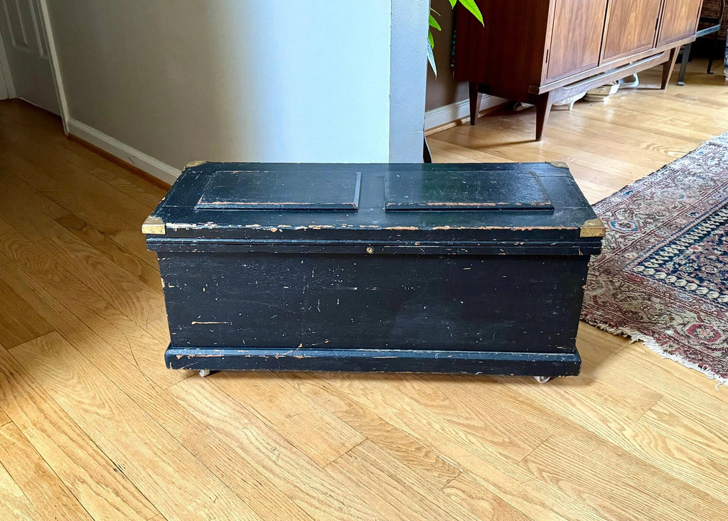 Early Wood Carpenter's Tool Chest | Distressed Rolling Wood Tool Trunk | Vintage Rustic Black Wood Box | Rustic Coffee Table | Rustic Storage