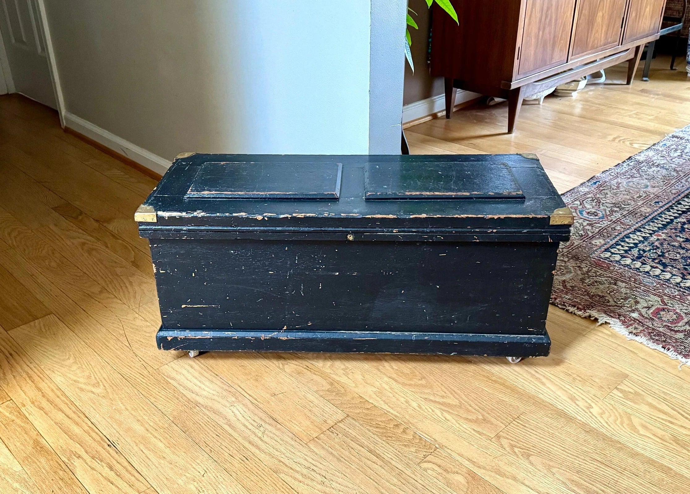Early Wood Carpenter's Tool Chest | Distressed Rolling Wood Tool Trunk | Vintage Rustic Black Wood Box | Rustic Coffee Table | Rustic Storage