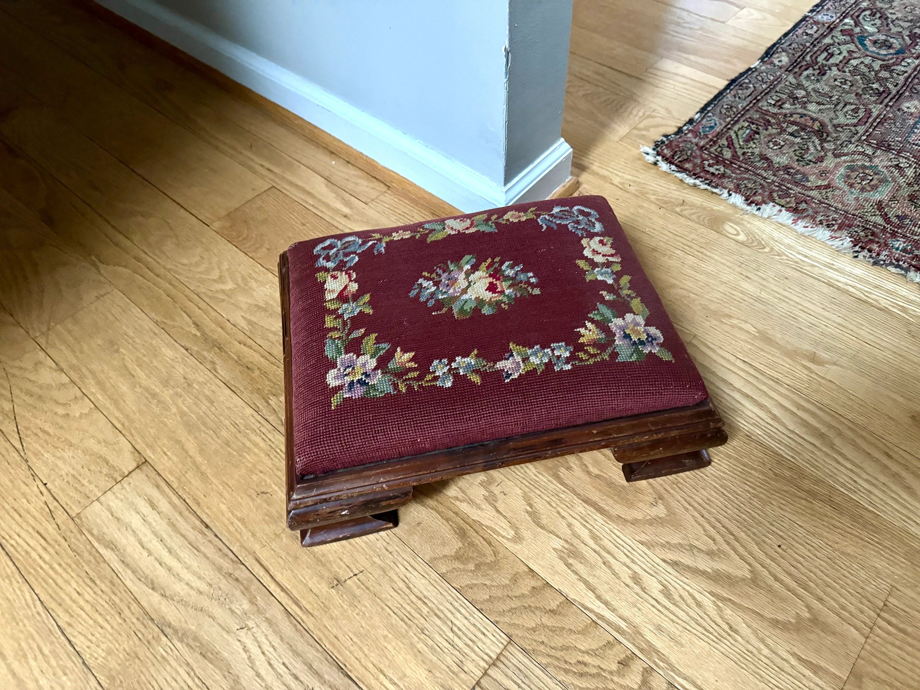 Farmhouse Decor | Distressed Needlepoint Ottoman