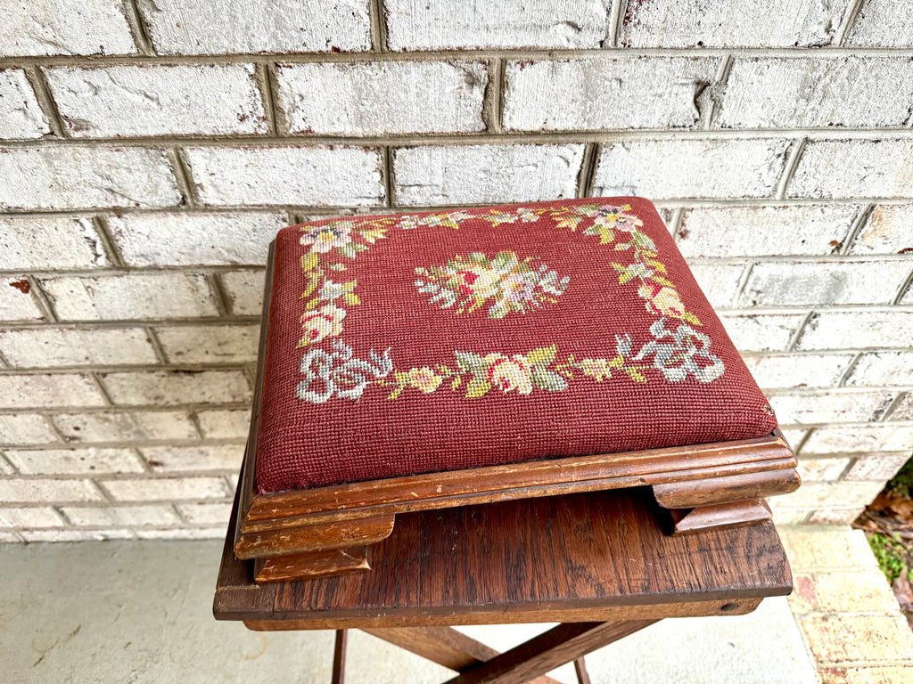 Farmhouse Decor | Distressed Needlepoint Ottoman