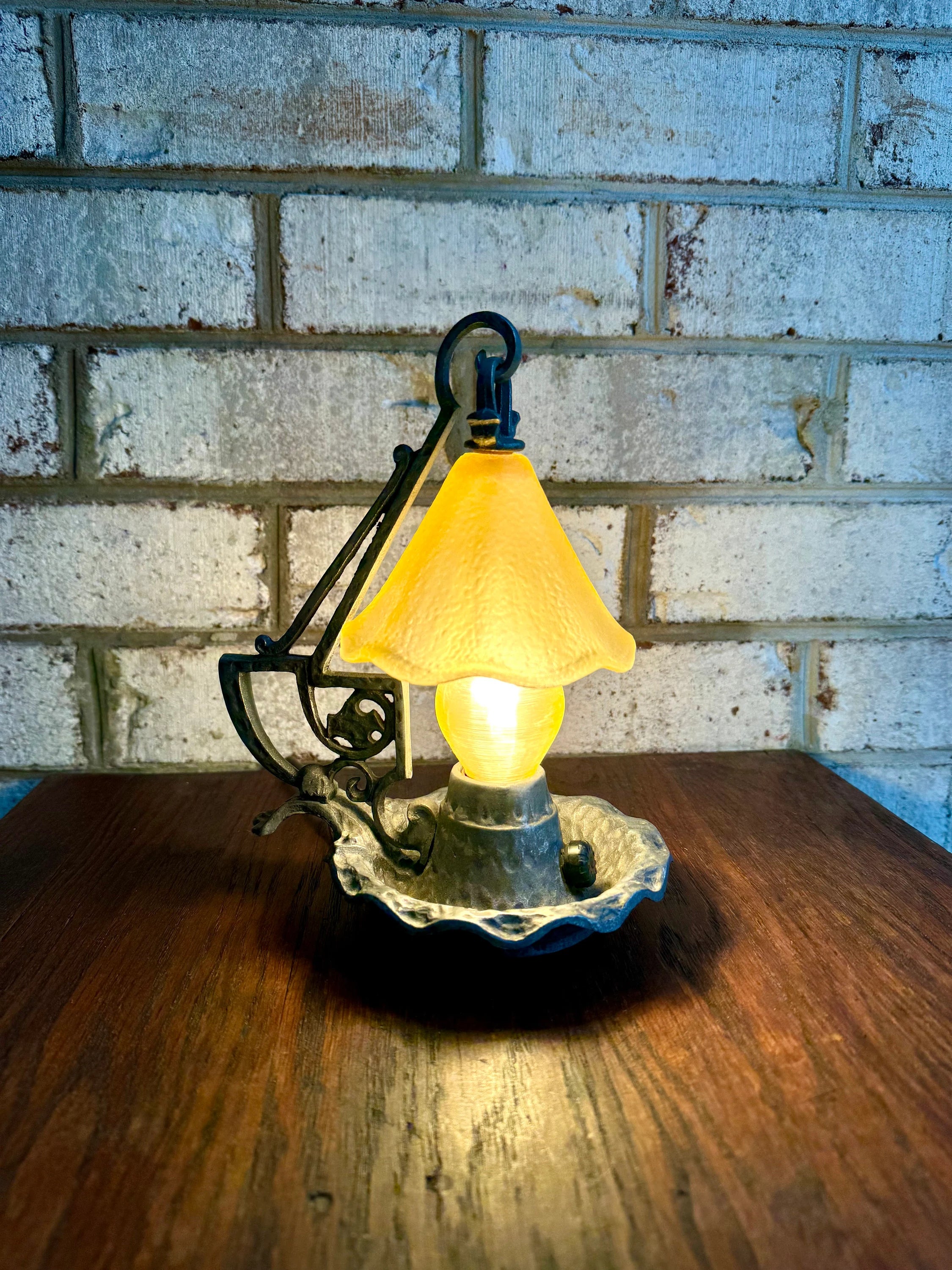Small Fairytale Desk Lamp | Vintage Glass Shade Small Craftsman Lamp | Arts and Crafts Style Antique Lamp | Aluminum Night Light