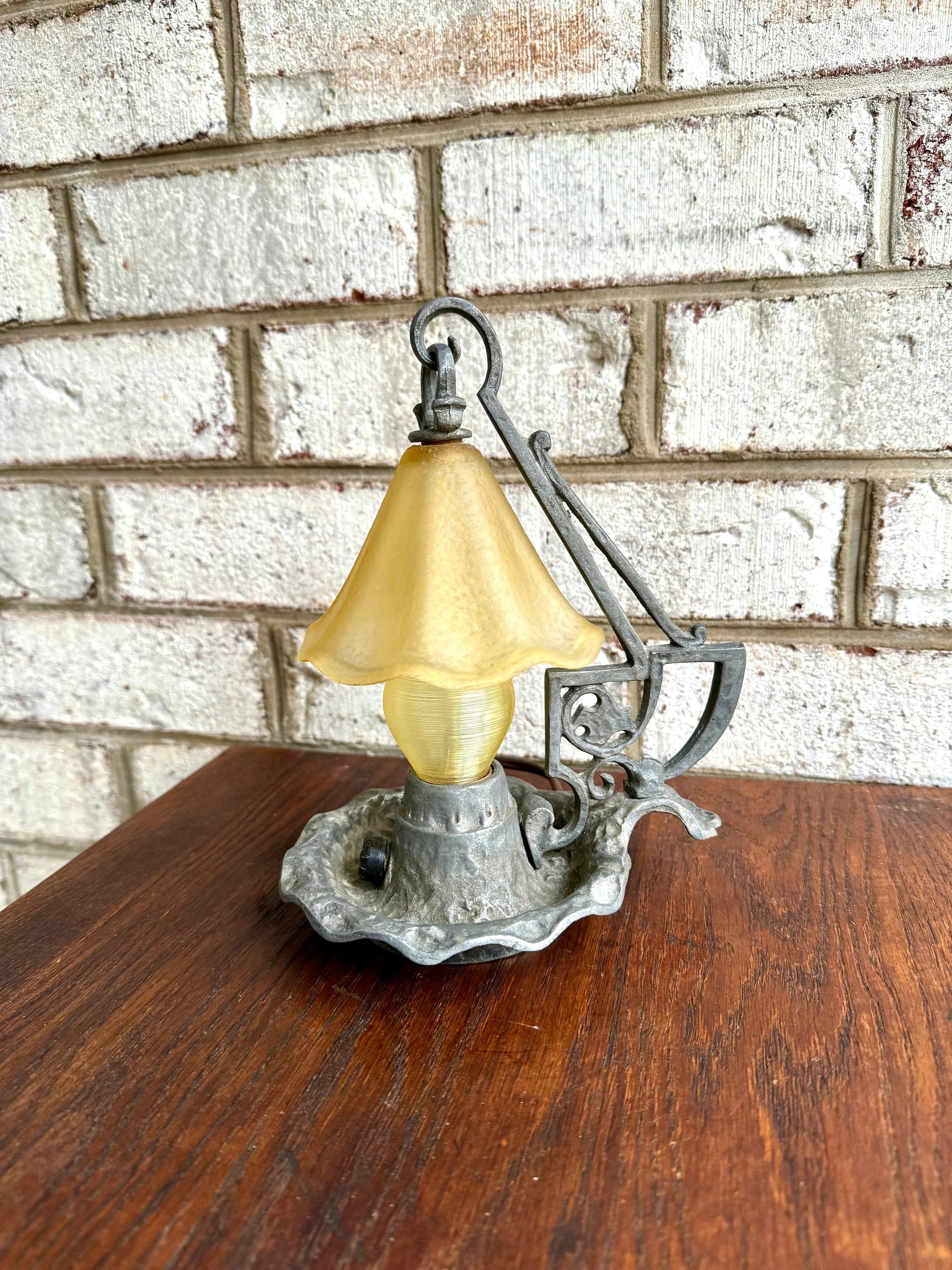 Small Fairytale Desk Lamp | Vintage Glass Shade Small Craftsman Lamp | Arts and Crafts Style Antique Lamp | Aluminum Night Light