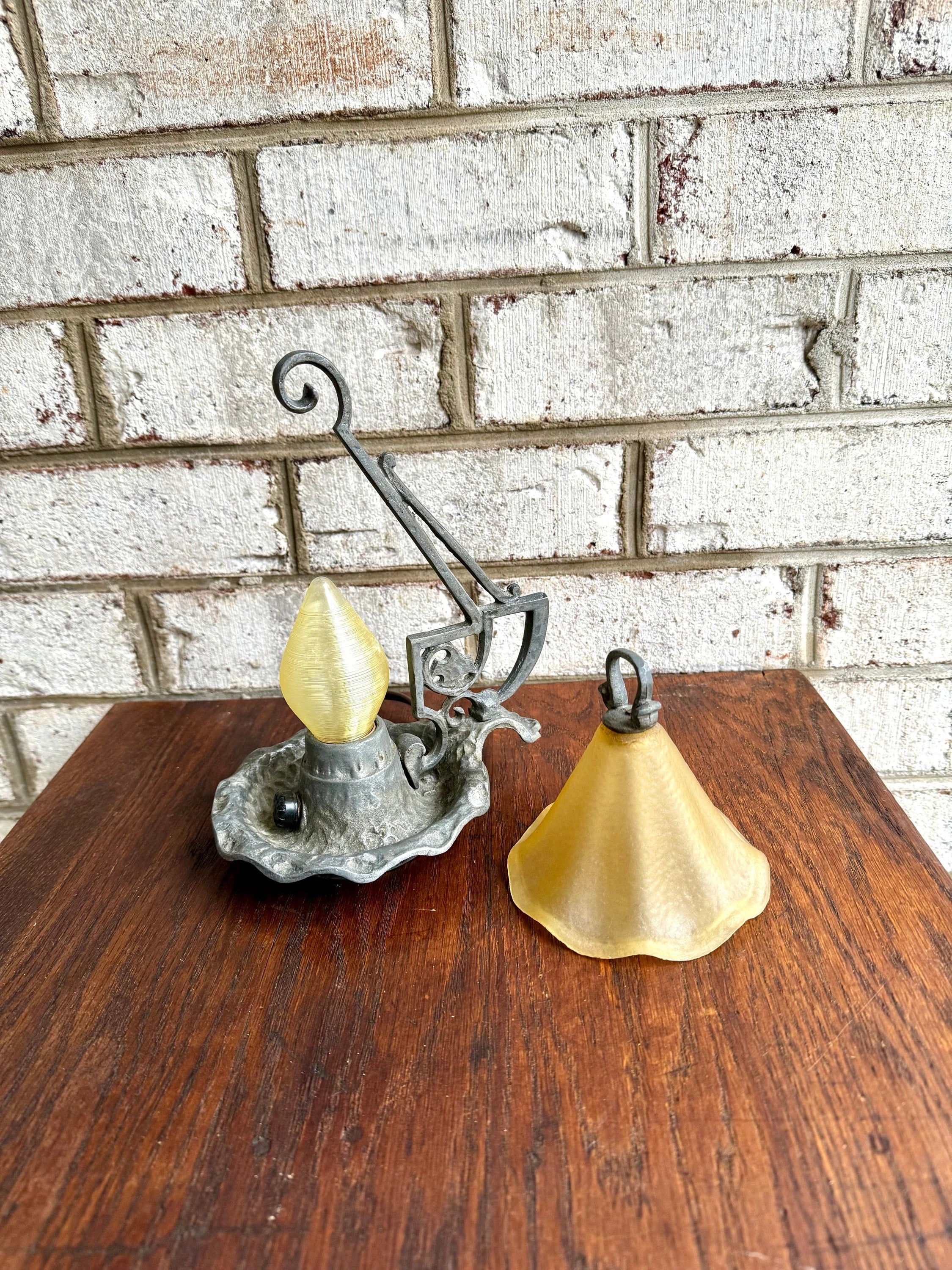 Small Fairytale Desk Lamp | Vintage Glass Shade Small Craftsman Lamp | Arts and Crafts Style Antique Lamp | Aluminum Night Light