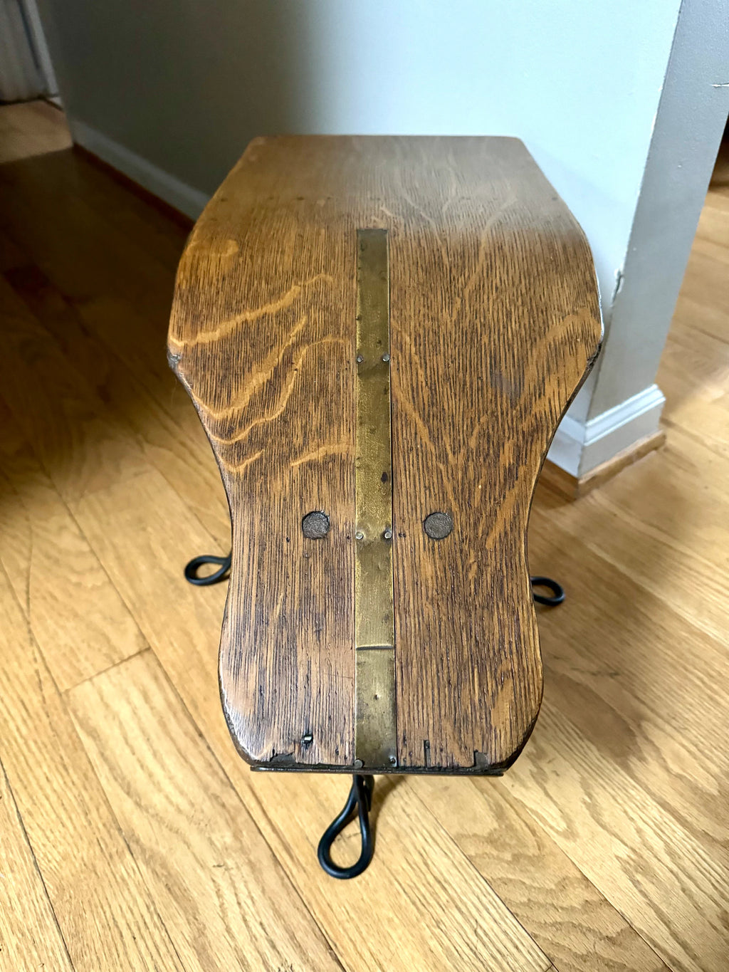 Antique Oak and Wrought Iron Gobbler's Bench | Bentwood Gobblers Shine Sizing Stool | Wood Shoe Shining Bench | Shoe Sizing Bench