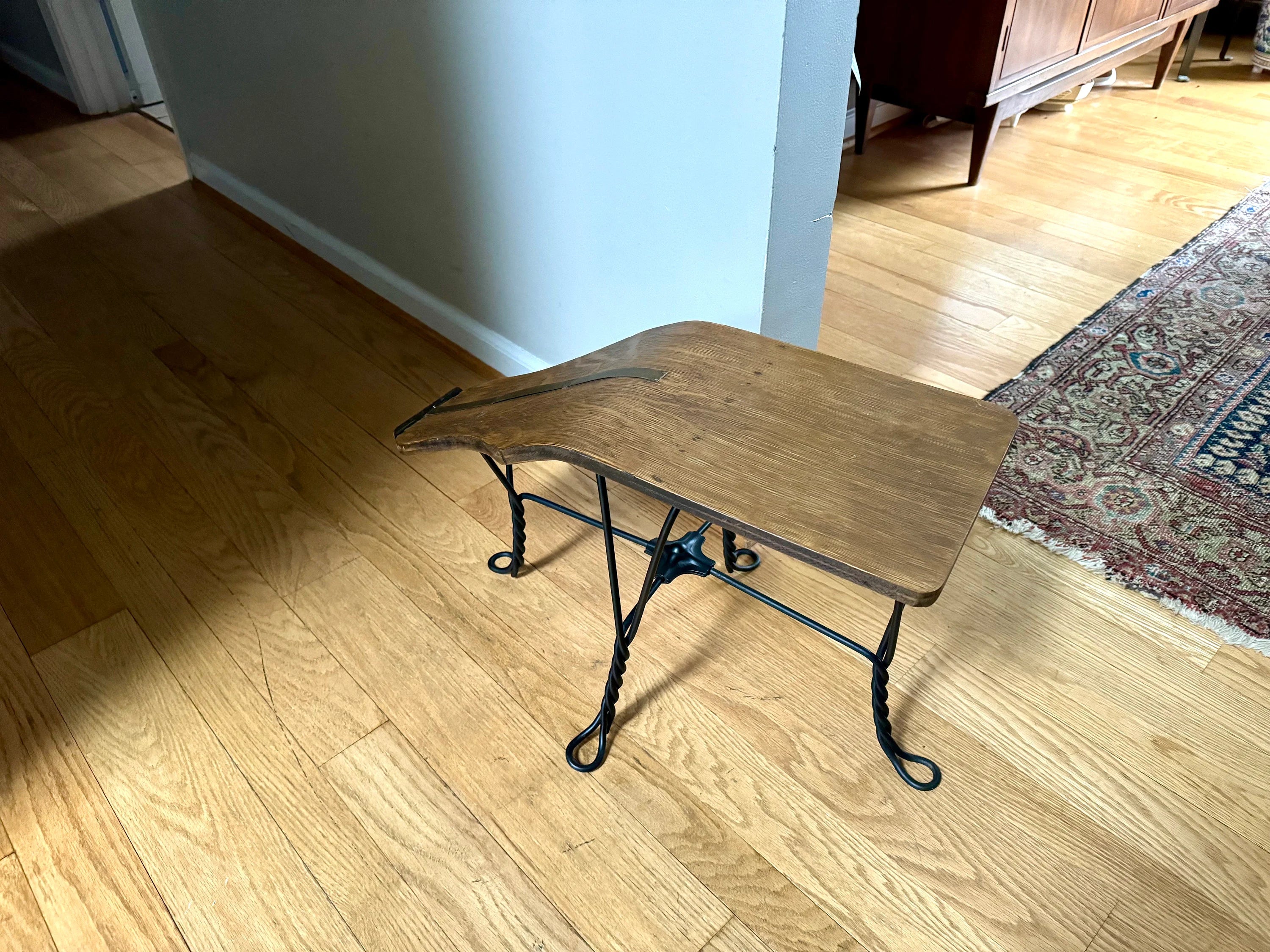 Antique Oak and Wrought Iron Gobbler's Bench | Bentwood Gobblers Shine Sizing Stool | Wood Shoe Shining Bench | Shoe Sizing Bench