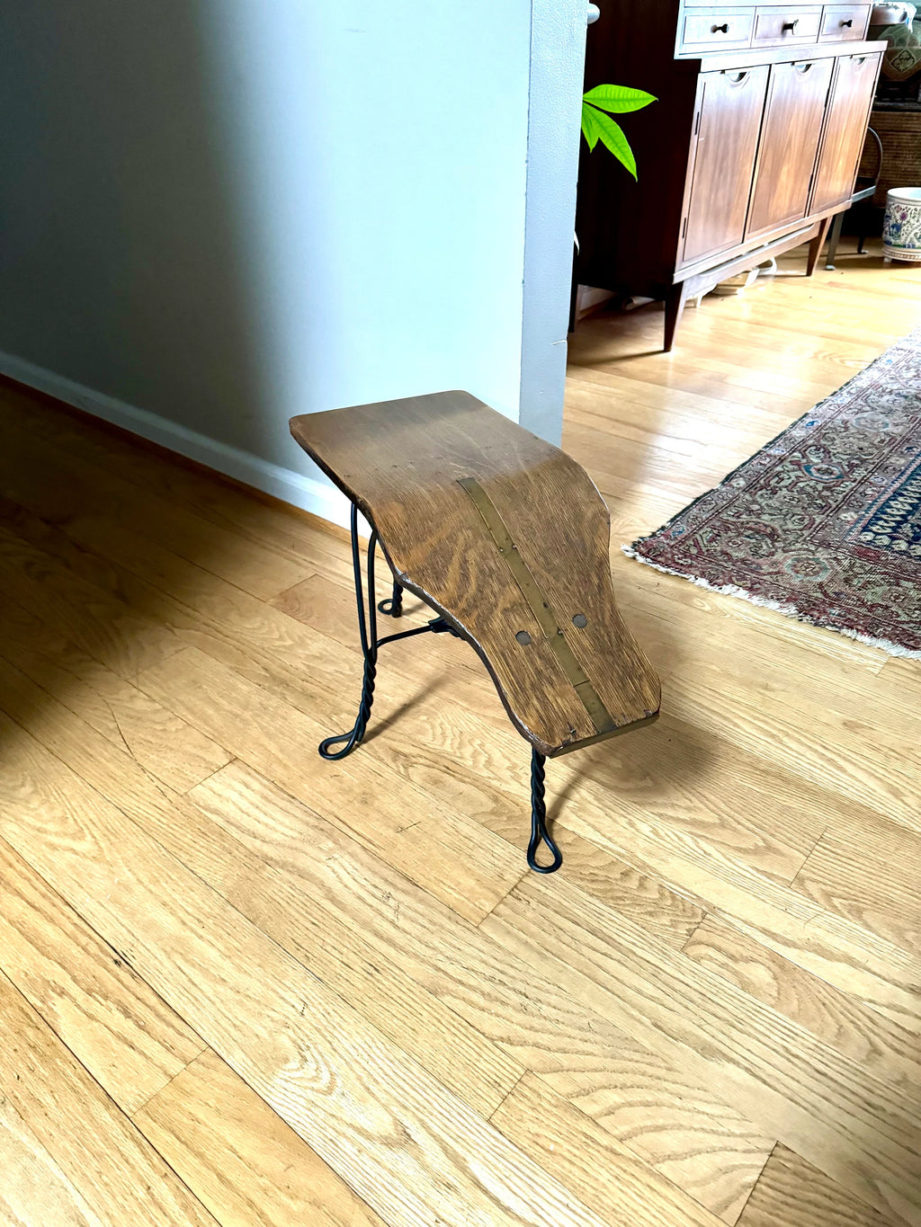 Antique Oak and Wrought Iron Gobbler's Bench | Bentwood Gobblers Shine Sizing Stool | Wood Shoe Shining Bench | Shoe Sizing Bench