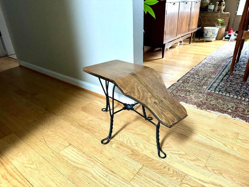 Antique Oak and Wrought Iron Gobbler's Bench | Bentwood Gobblers Shine Sizing Stool | Wood Shoe Shining Bench | Shoe Sizing Bench