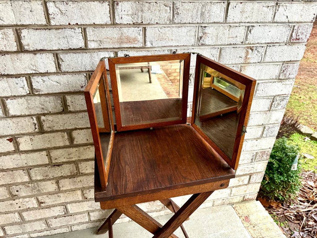 Antique English Victorian Trifold Vanity Mirror | Trifold Vanity Mirror | Wood Table Top or Hanging Triple Beveled Mirror | Traveling Mirror