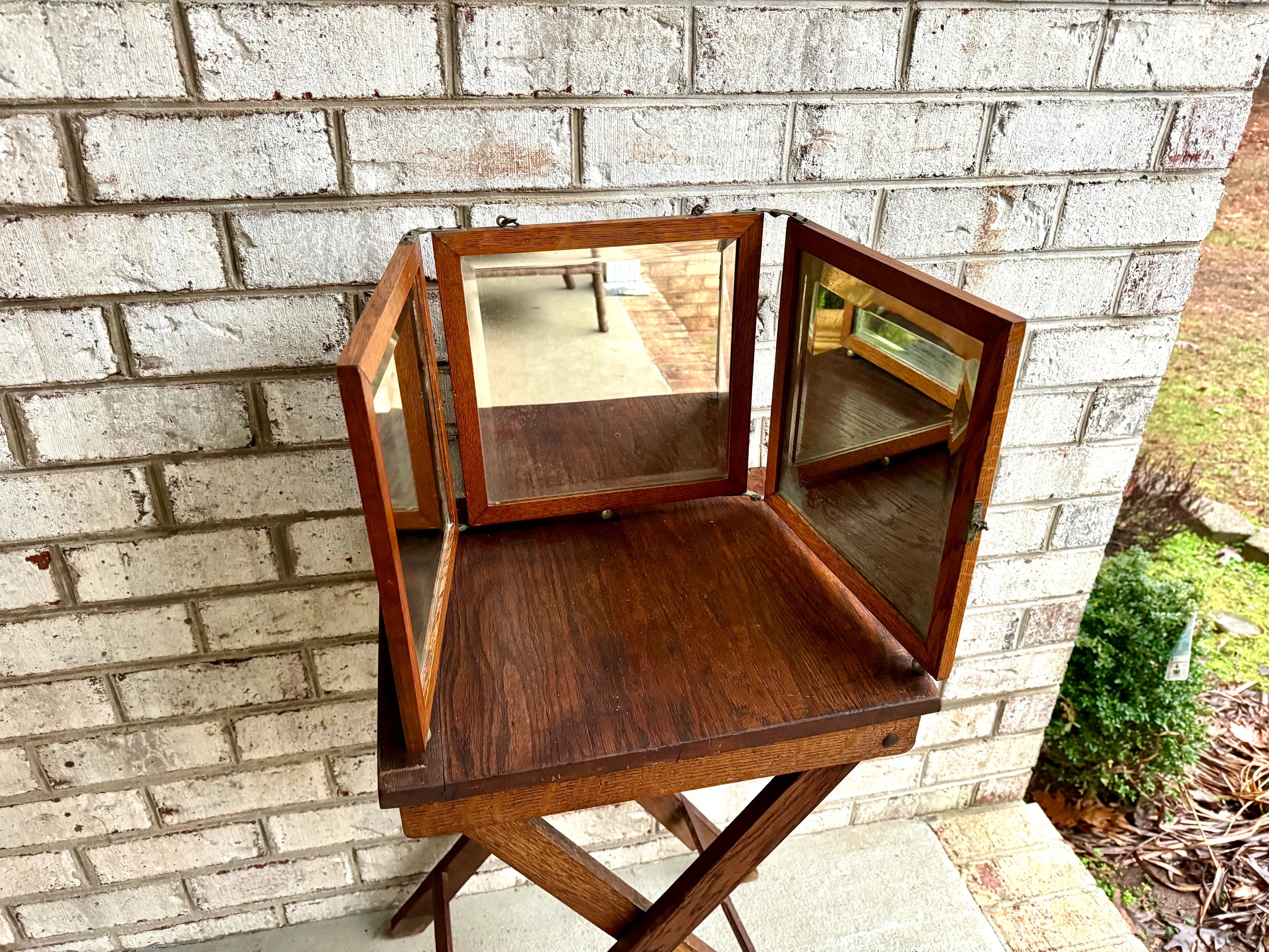 Antique English Victorian Trifold Vanity Mirror | Trifold Vanity Mirror | Wood Table Top or Hanging Triple Beveled Mirror | Traveling Mirror