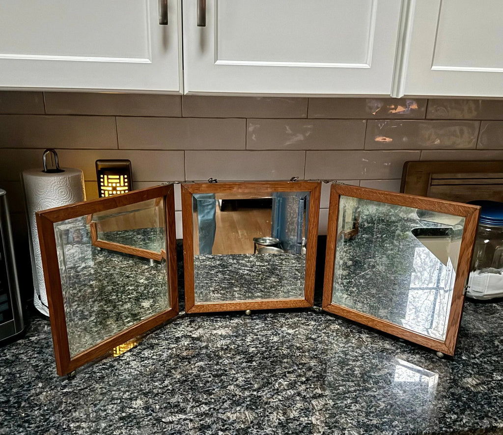 Antique English Victorian Trifold Vanity Mirror | Trifold Vanity Mirror | Wood Table Top or Hanging Triple Beveled Mirror | Traveling Mirror