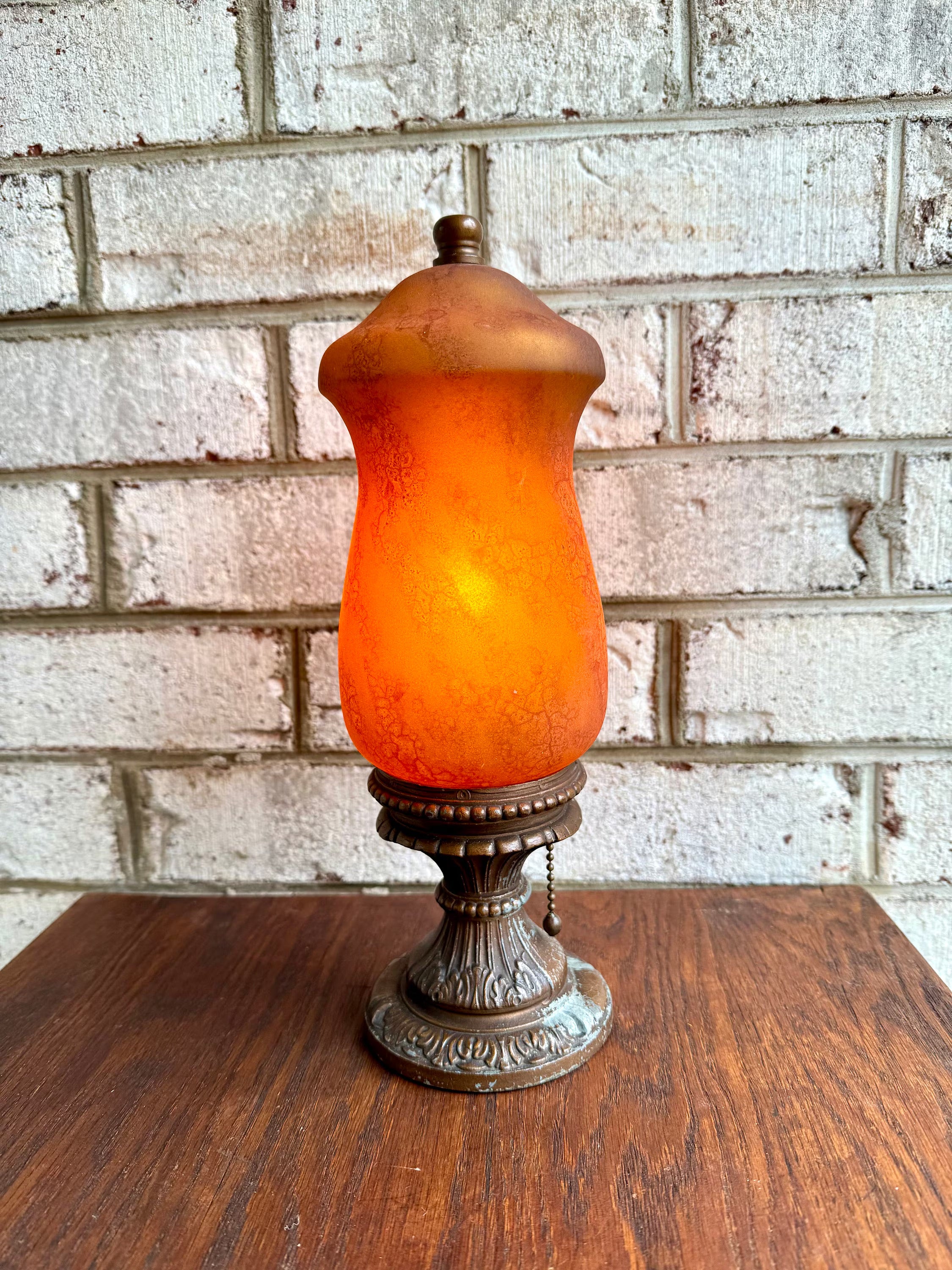 Frosted Boudoir Lamp | Antique Frosted Amber Mantle Lamp | Vintage Ornate Burnt Orange Cylinder Glass Lamp | Decorative Accent Lamp
