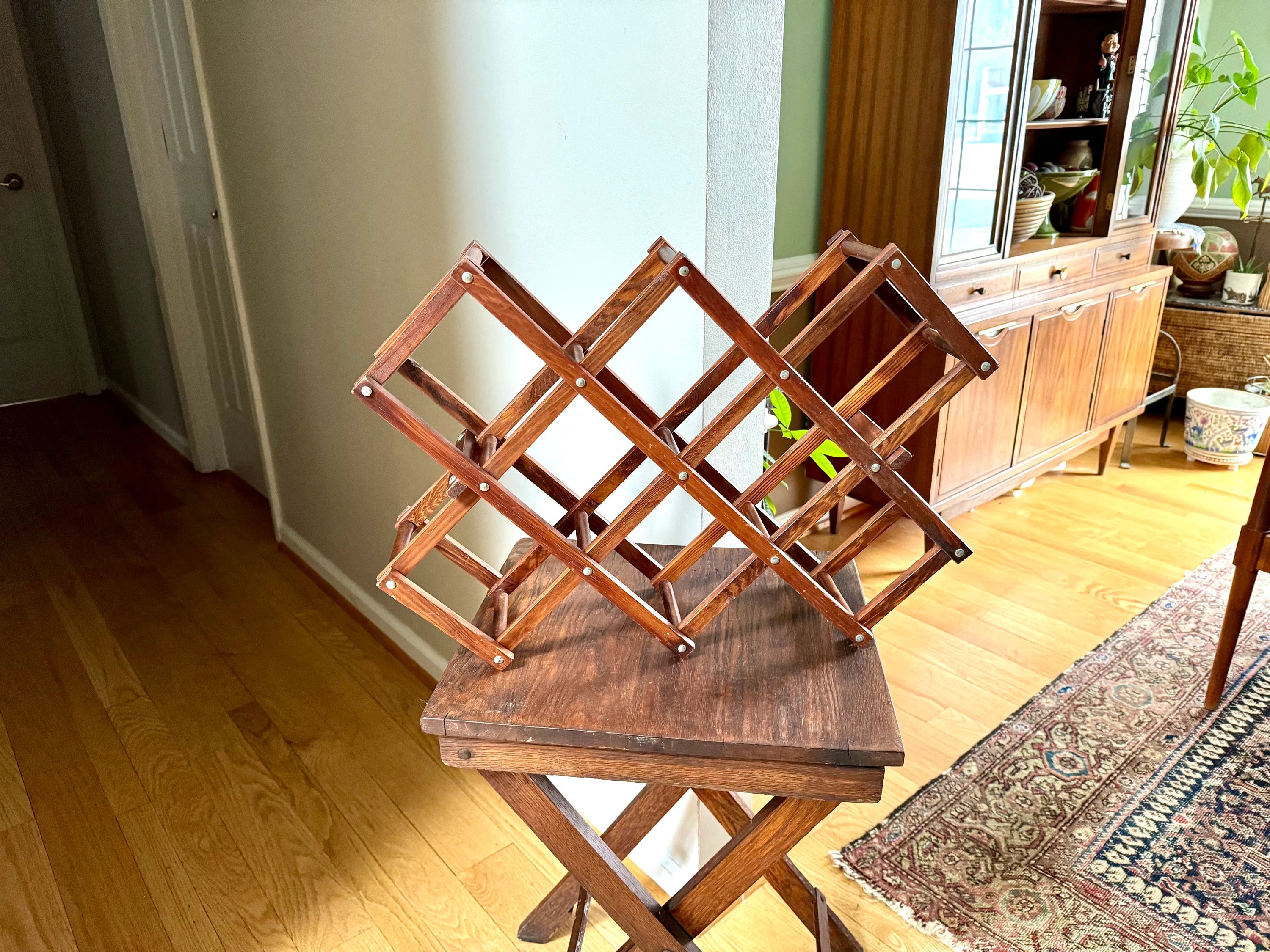 Vtg Wooden Accordion Wine Rack | Wood Wine Bottle Holder | Collapsible Wine Rack | Bohemian Wine Decor | Country Home Wine Bottle Holder