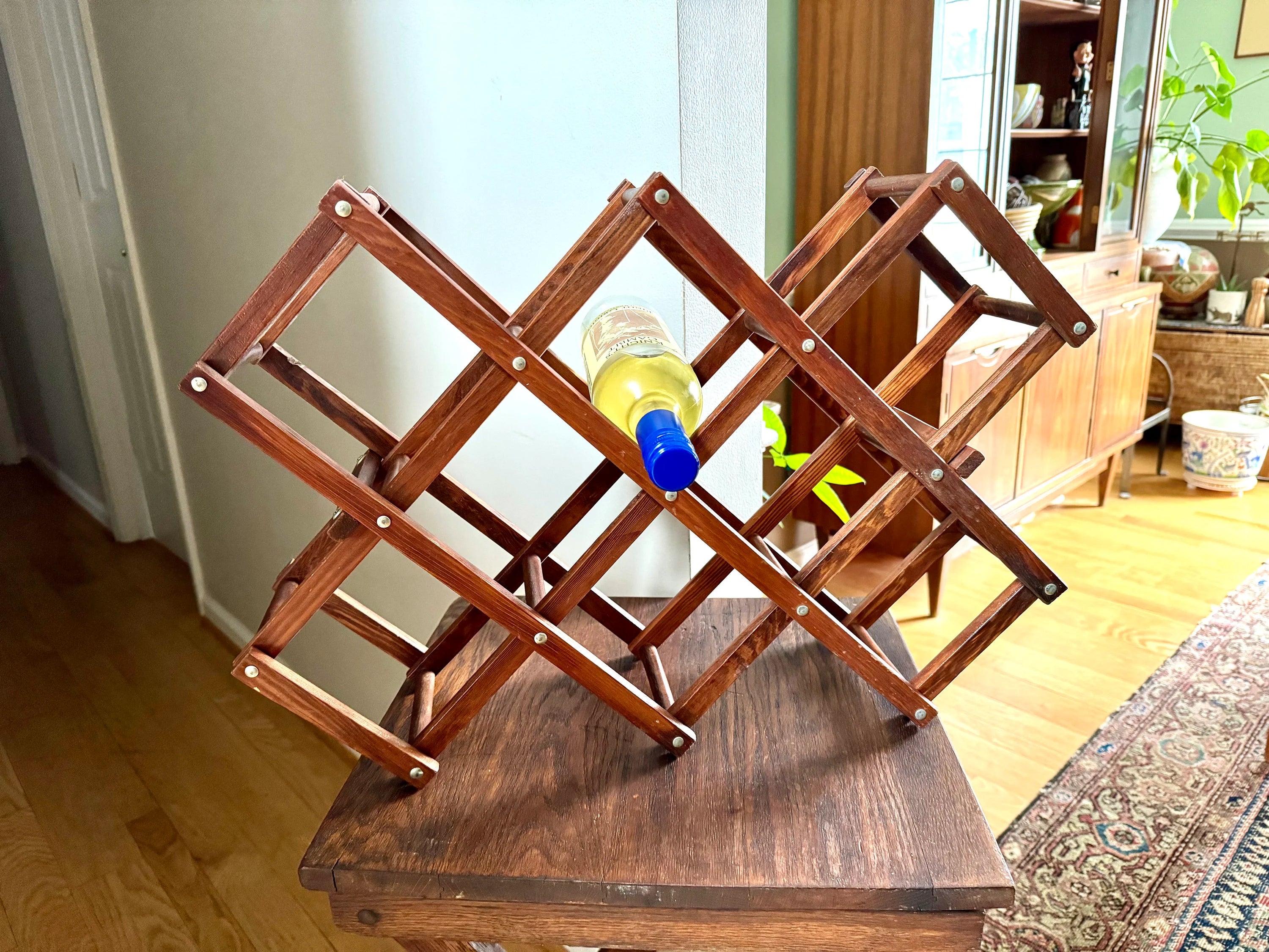 Vtg Wooden Accordion Wine Rack | Wood Wine Bottle Holder | Collapsible Wine Rack | Bohemian Wine Decor | Country Home Wine Bottle Holder