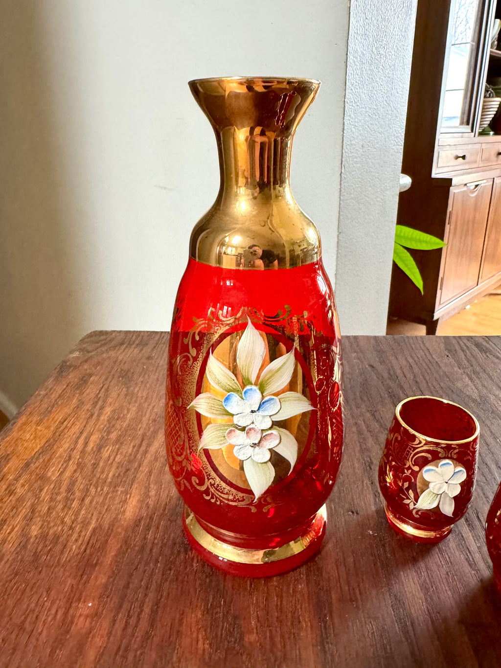 Vtg Murano Ruby Red Glass Liquor Decanter Set | Hand Painted Floral Motif Red Glass Decanter Set | Venetian Glass 18KT Gold Bar Set