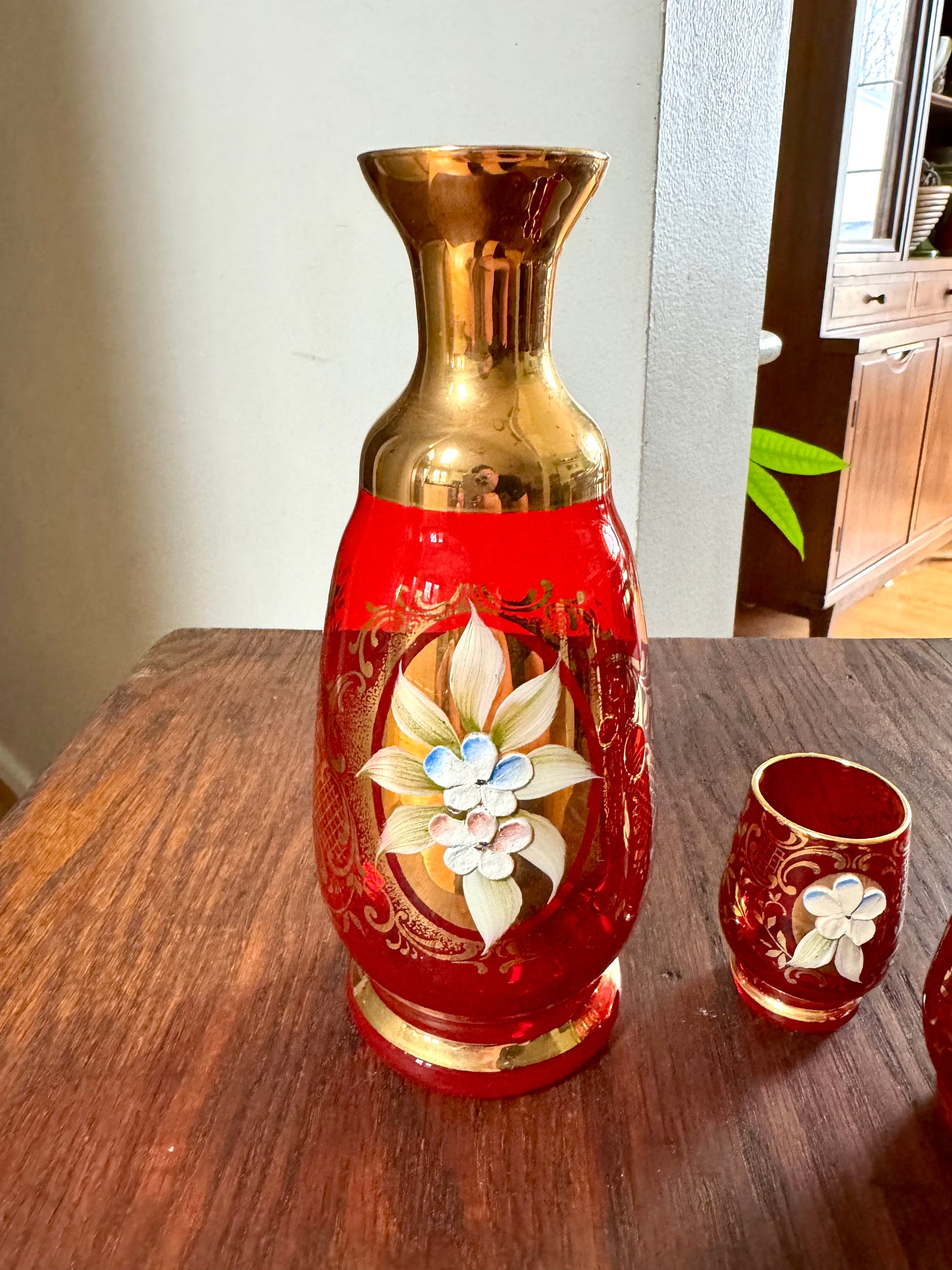 Vtg Murano Ruby Red Glass Liquor Decanter Set | Hand Painted Floral Motif Red Glass Decanter Set | Venetian Glass 18KT Gold Bar Set