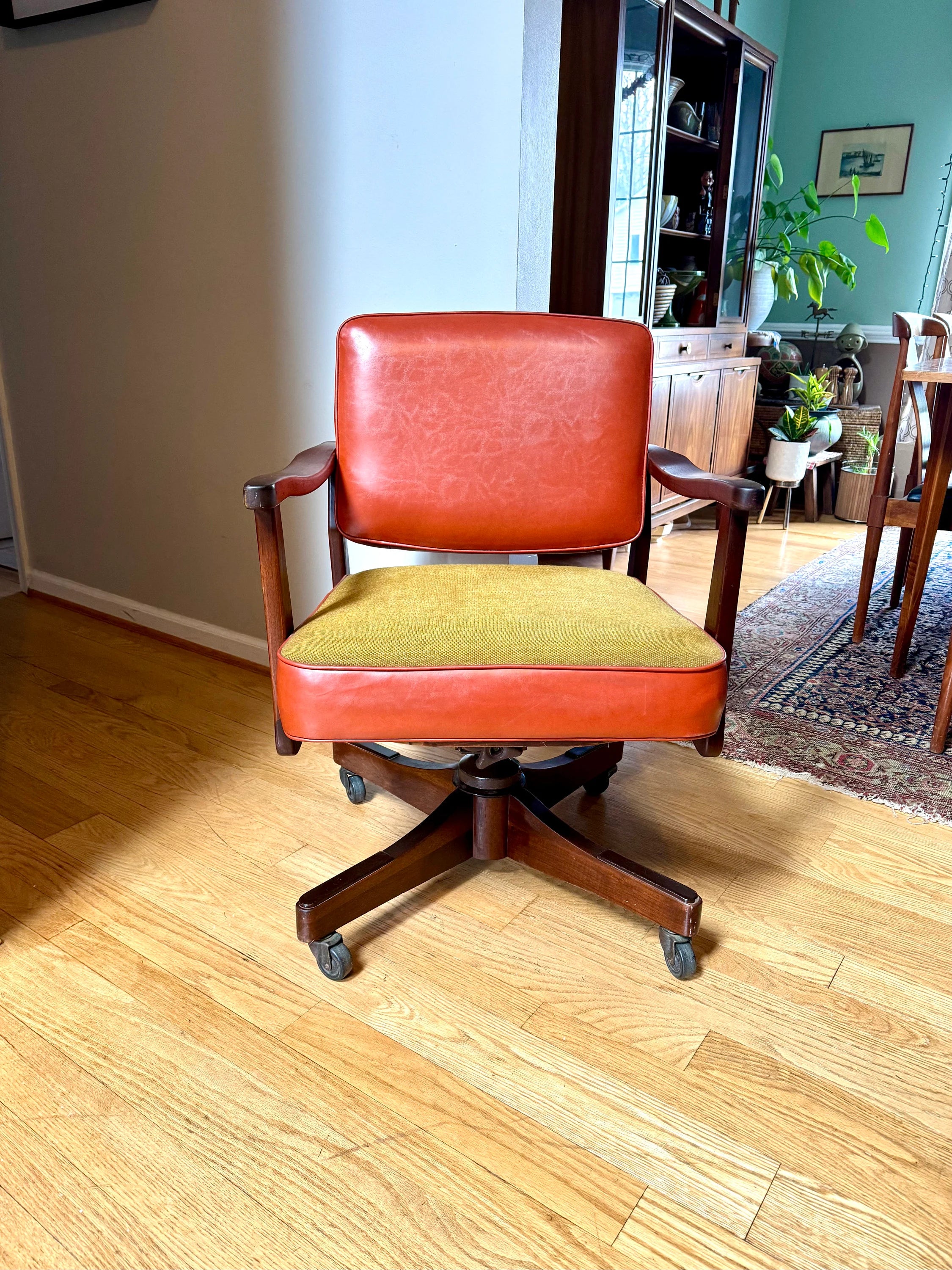 MCM Swivel Rolling Chair | Alma Desk Company Chair | MCM Orange Vinyl Desk Chair | Wood and Vinyl Modern Office Chair
